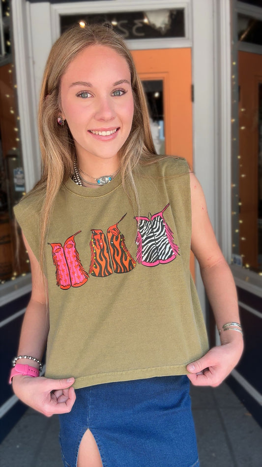 Chaps & Charm – Olive Muscle Tank