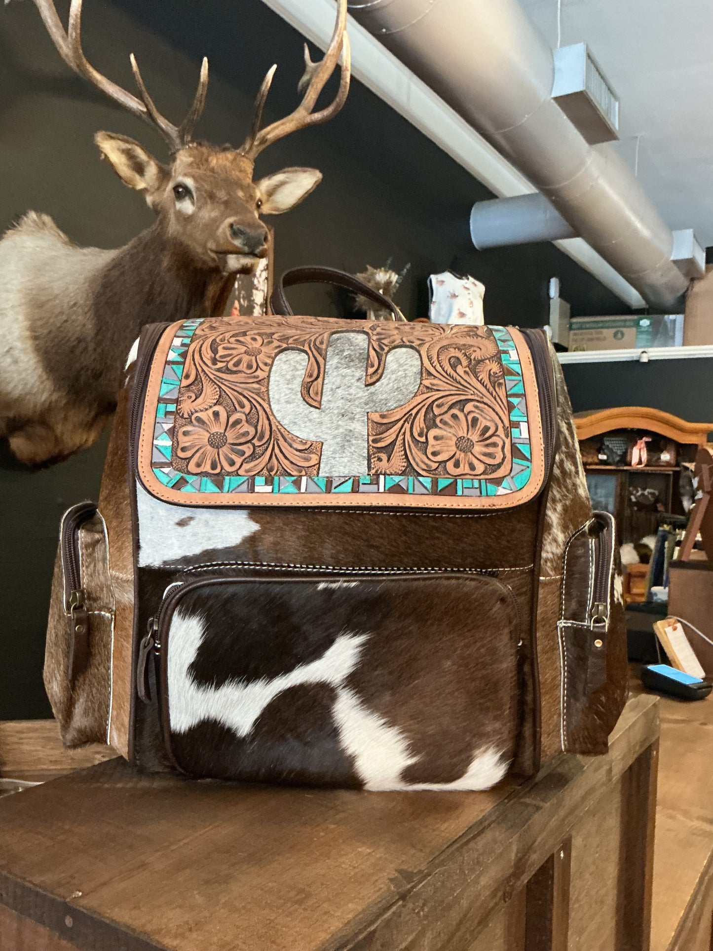 Cactus & Cowhide Leather Tooled Backpack