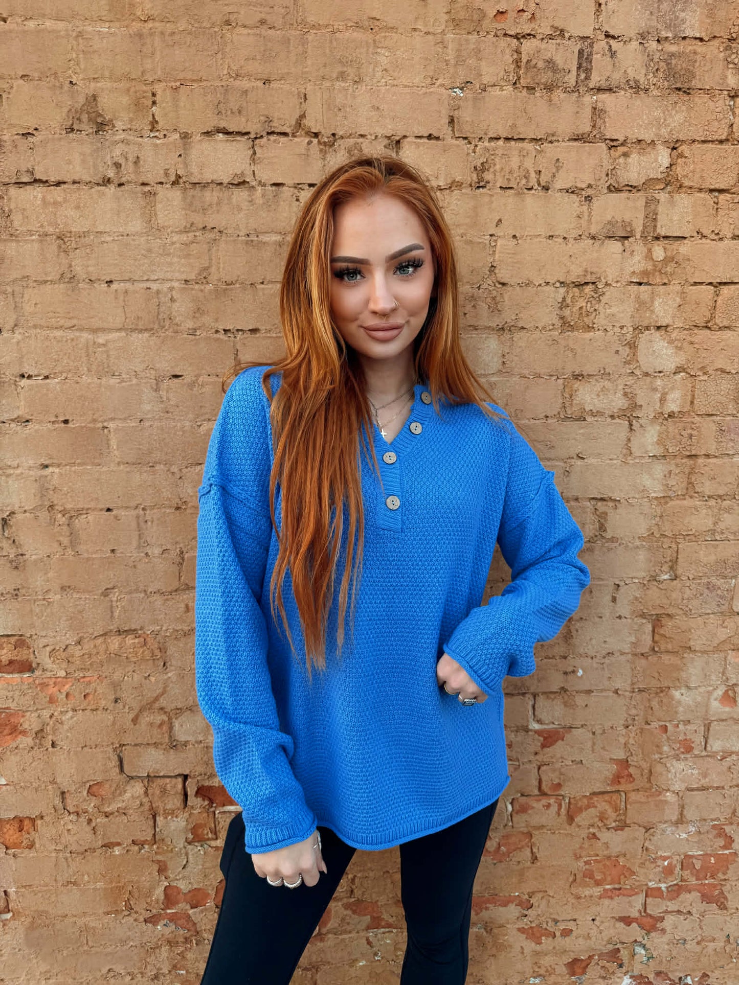 Button Henley Basic Knit Sweater - Cornflower Blue * Door Buster*