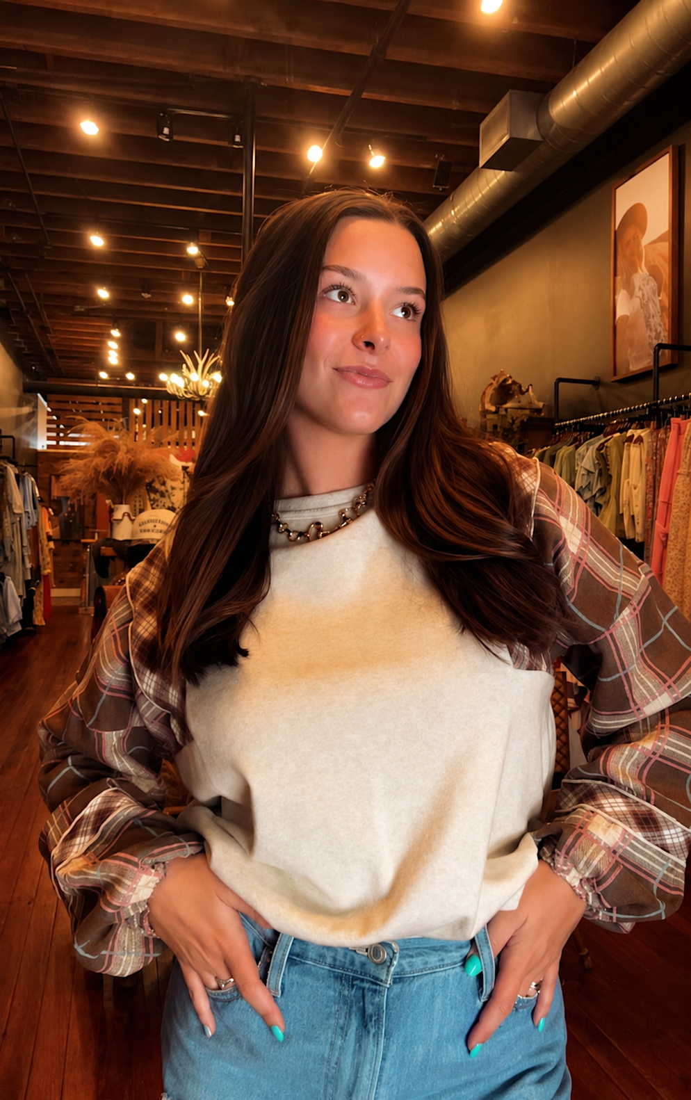 Autumn Layers – Oatmeal Plaid Sleeve Top