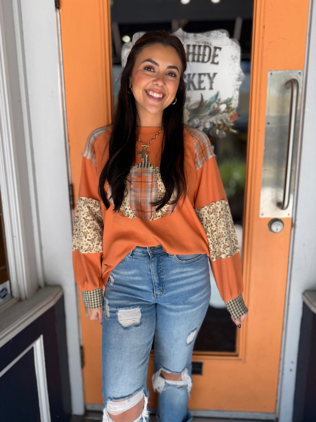 Patch Me in Pumpkins – Burnt Orange Thermal Top