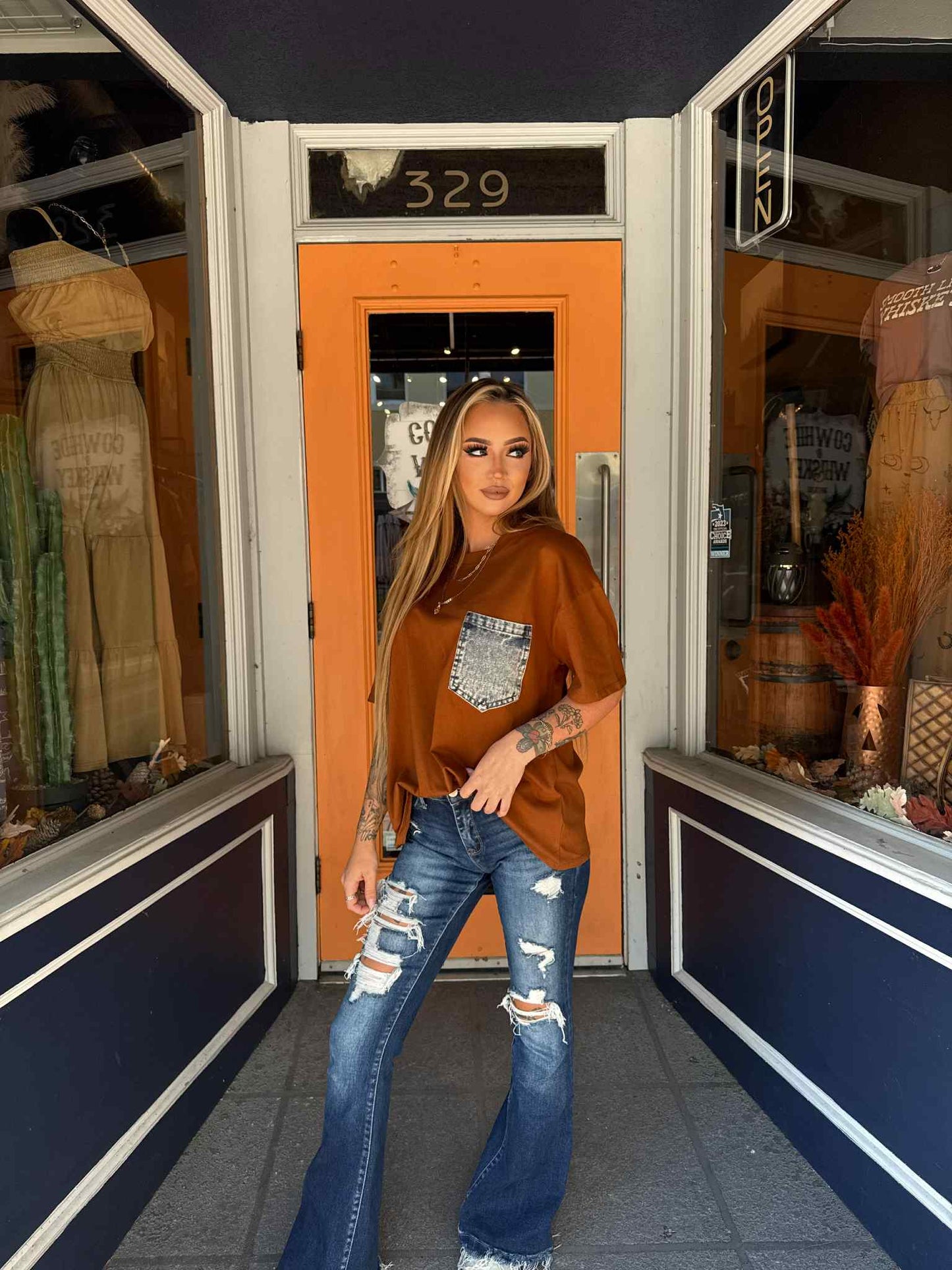 Denim Pocket Tee - Rust Top