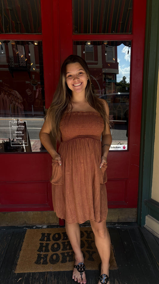 Timberline Breeze – Brown Smocked Mini Dress