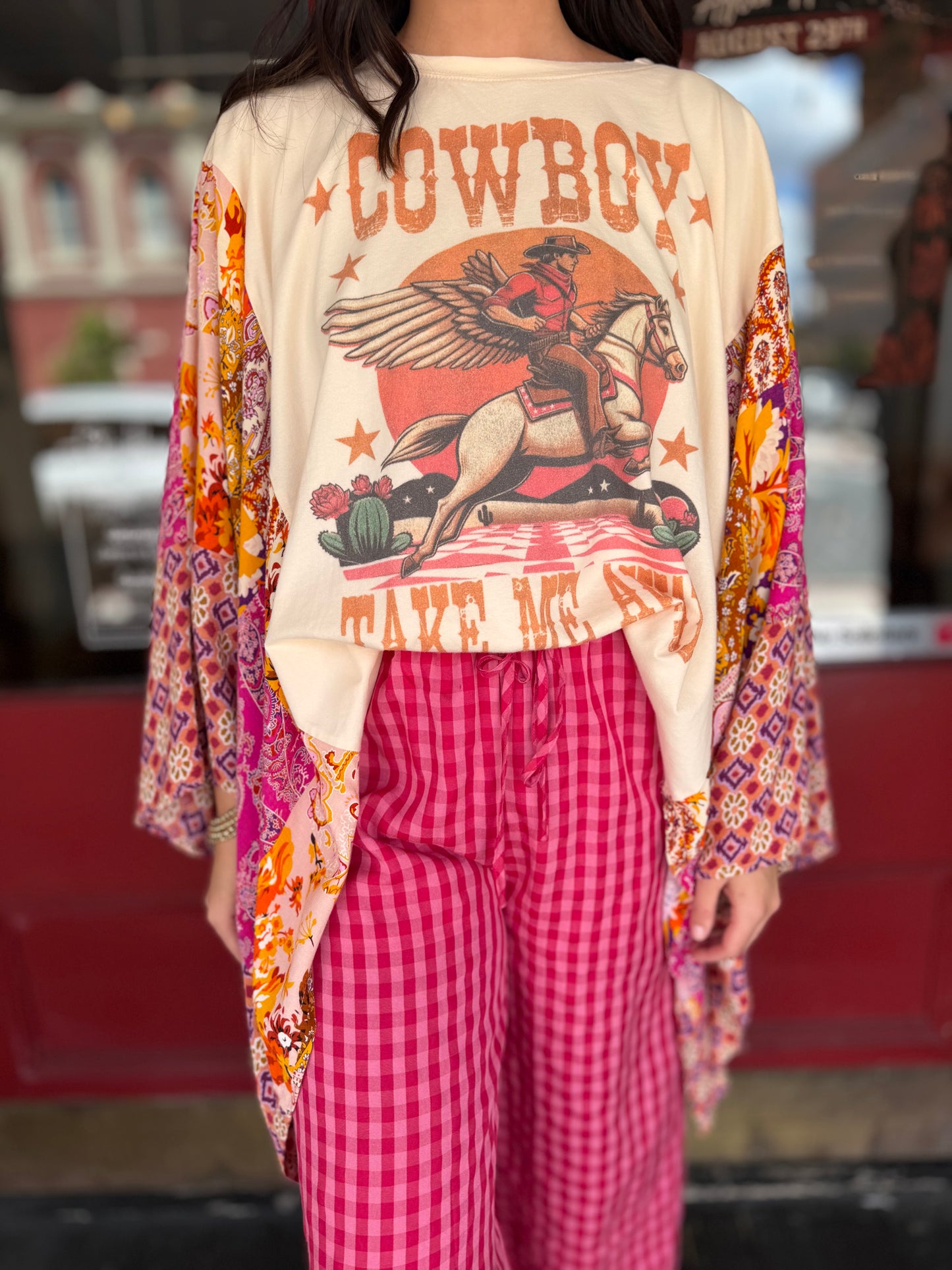 Cowboy Chaos – White Mixed Print Poncho Shirt