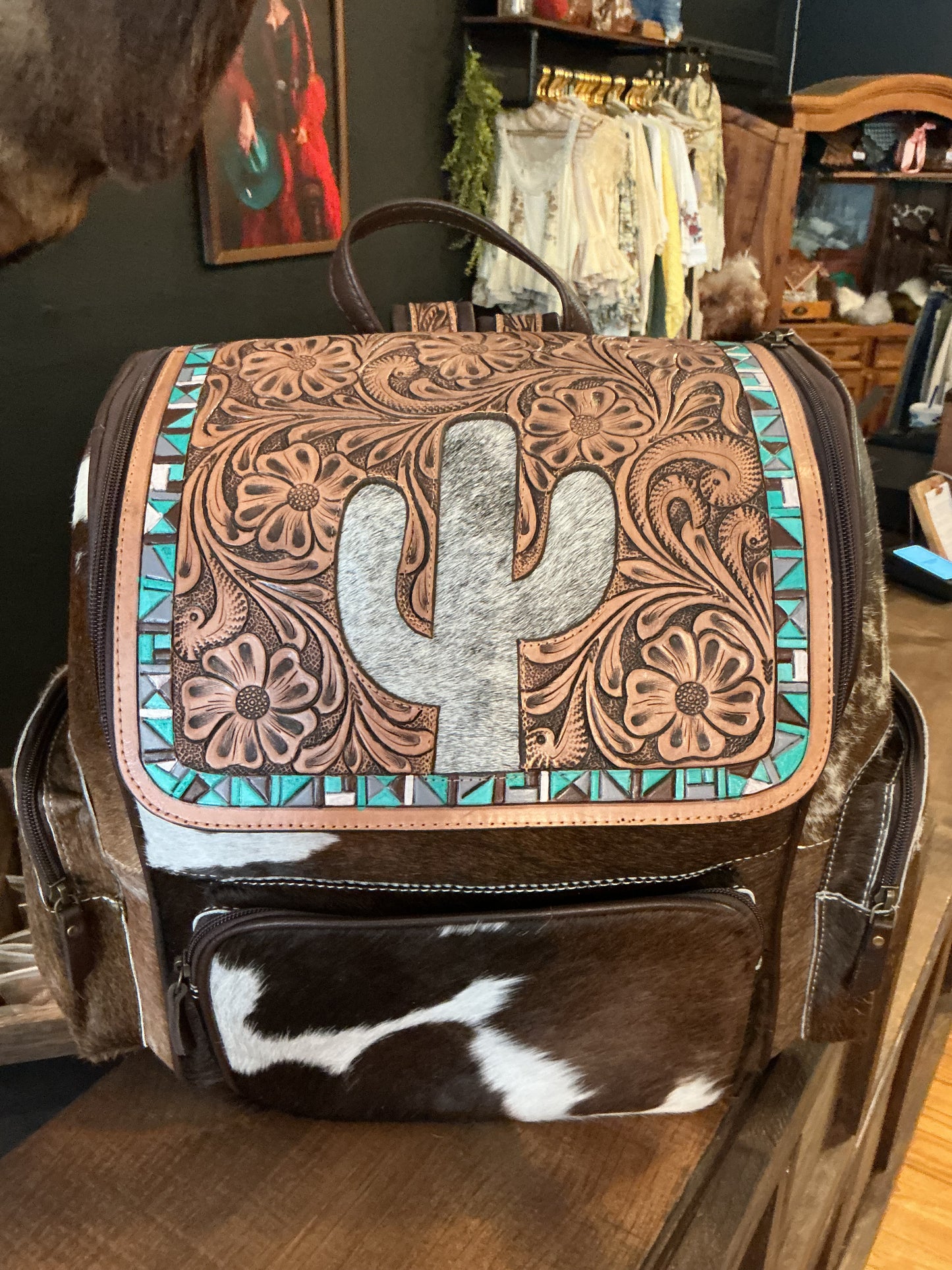 Cactus & Cowhide Leather Tooled Backpack