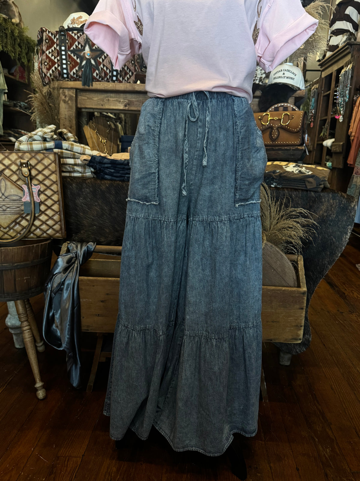 Blue Willow – Denim Wide Leg Tiered Pants