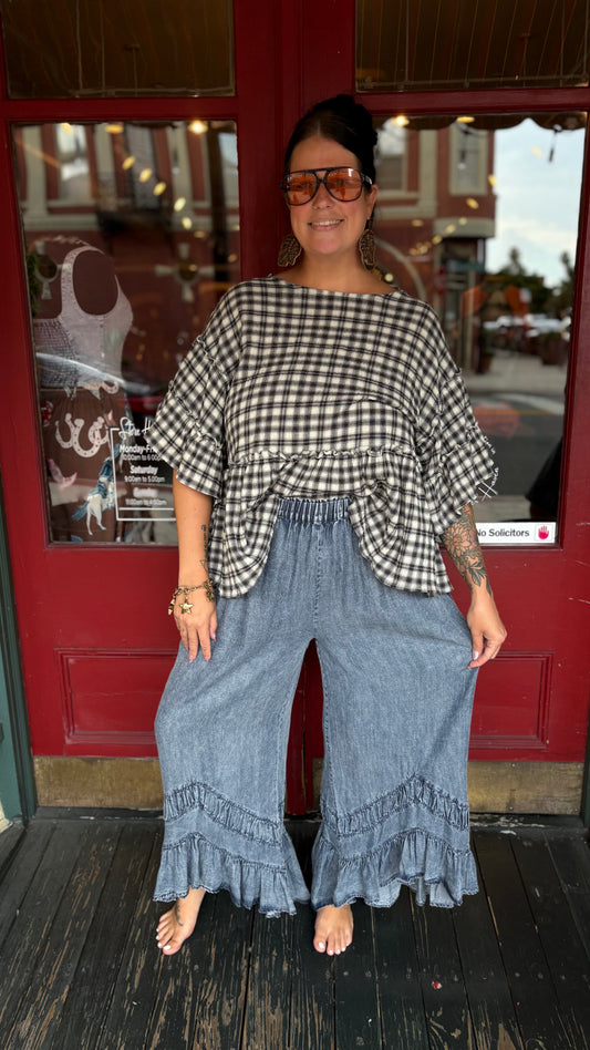 Roaming River – Denim Ruffle Pants