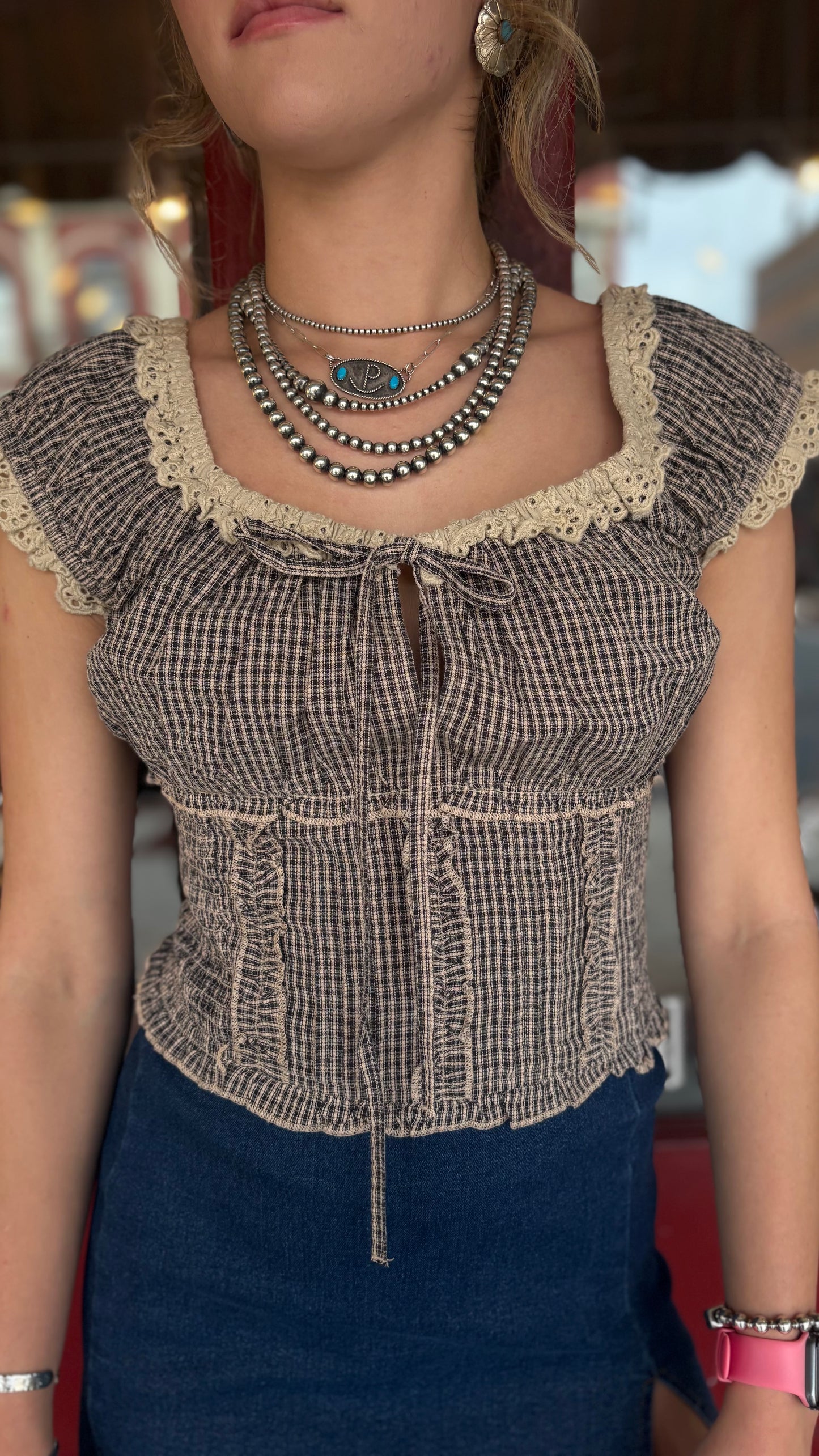 Bonnie Blue – Navy & Ivory Gingham Top
