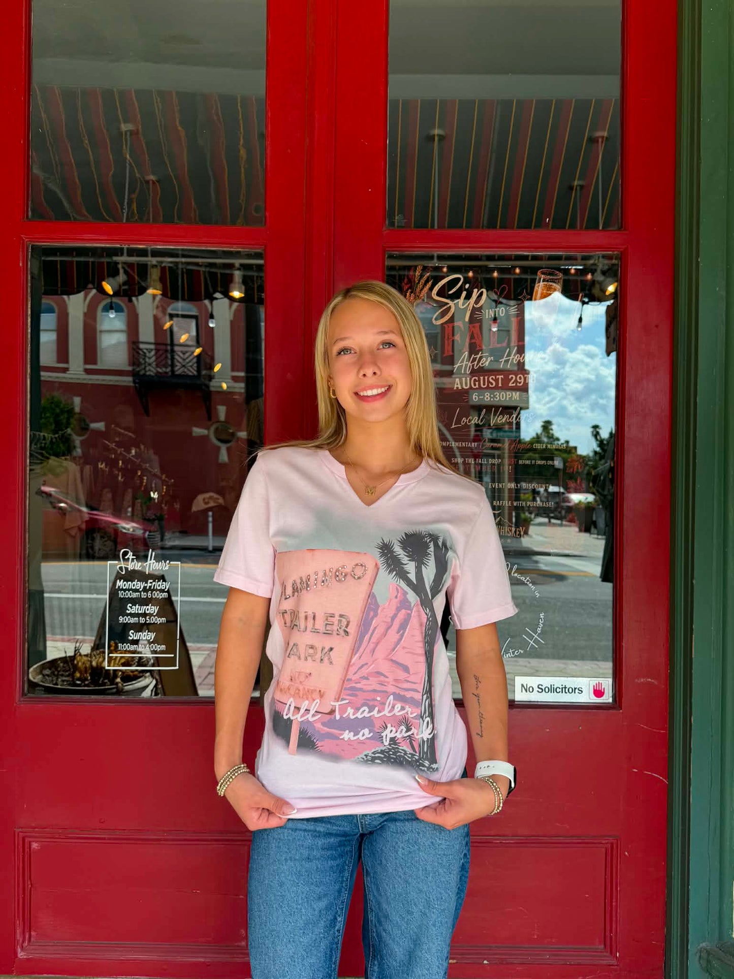 Flamingo Trailer Park – Light Pink V-Neck Graphic Tee