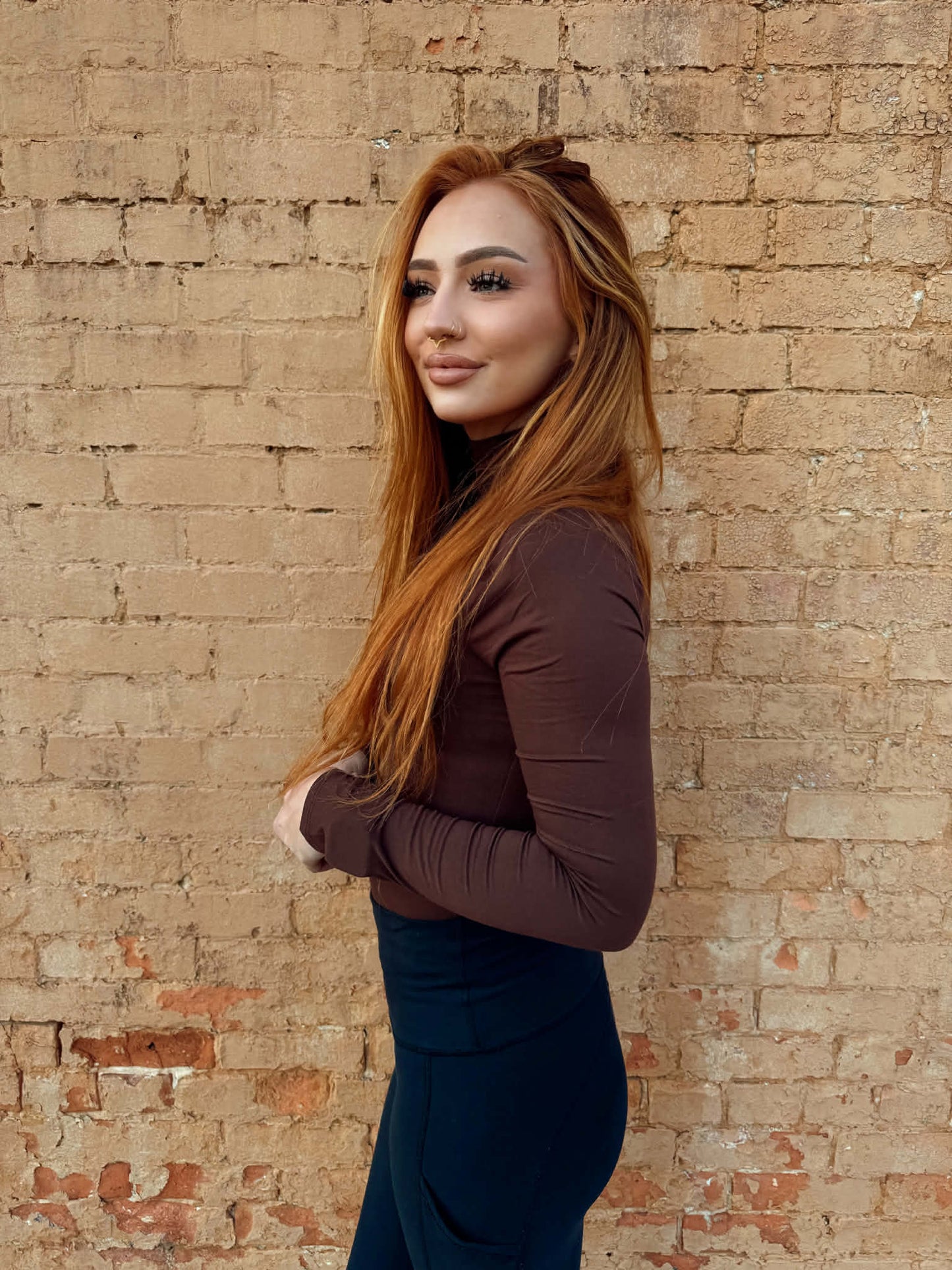 Mock Neck Long Sleeve Bodysuit - Brown *Door Buster*