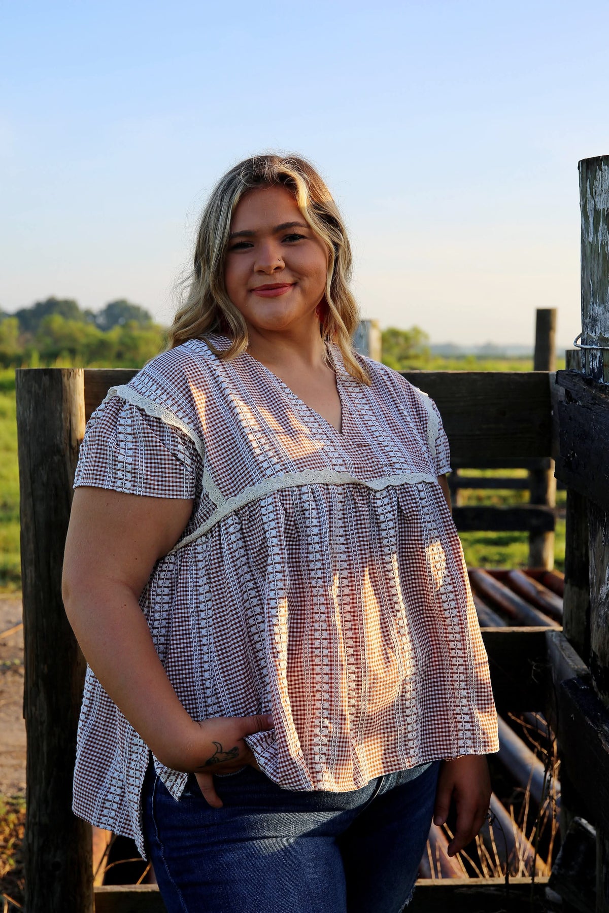 Chestnut Charm – Mocha Gingham Babydoll Top