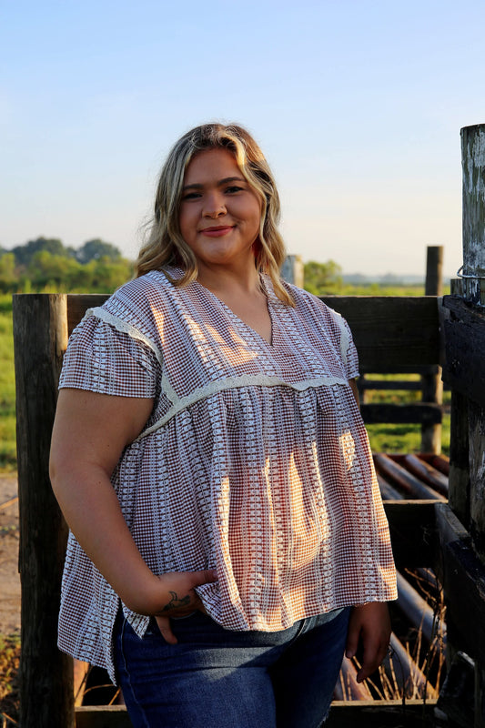 Chestnut Charm – Mocha Gingham Babydoll Top