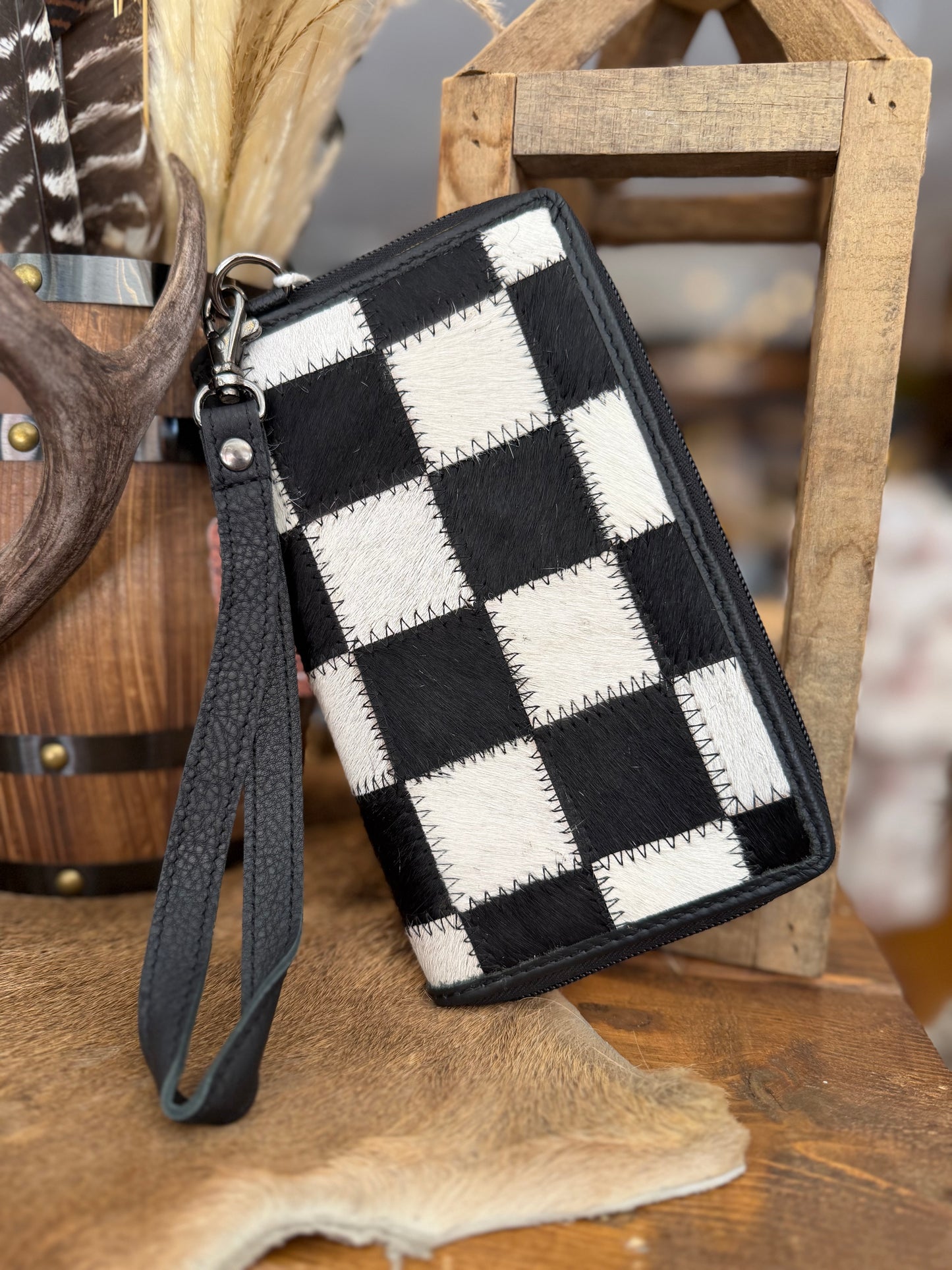 Black Checkered Cowhide - Wristlet/Wallet