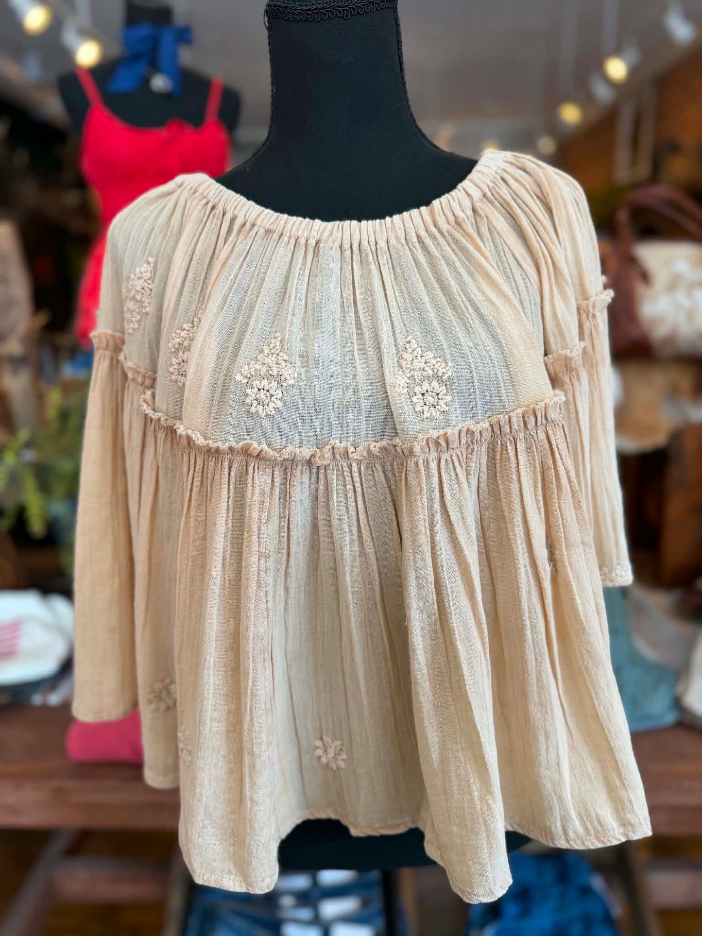 Timeless Wheatfield – Almond Embroidered Top