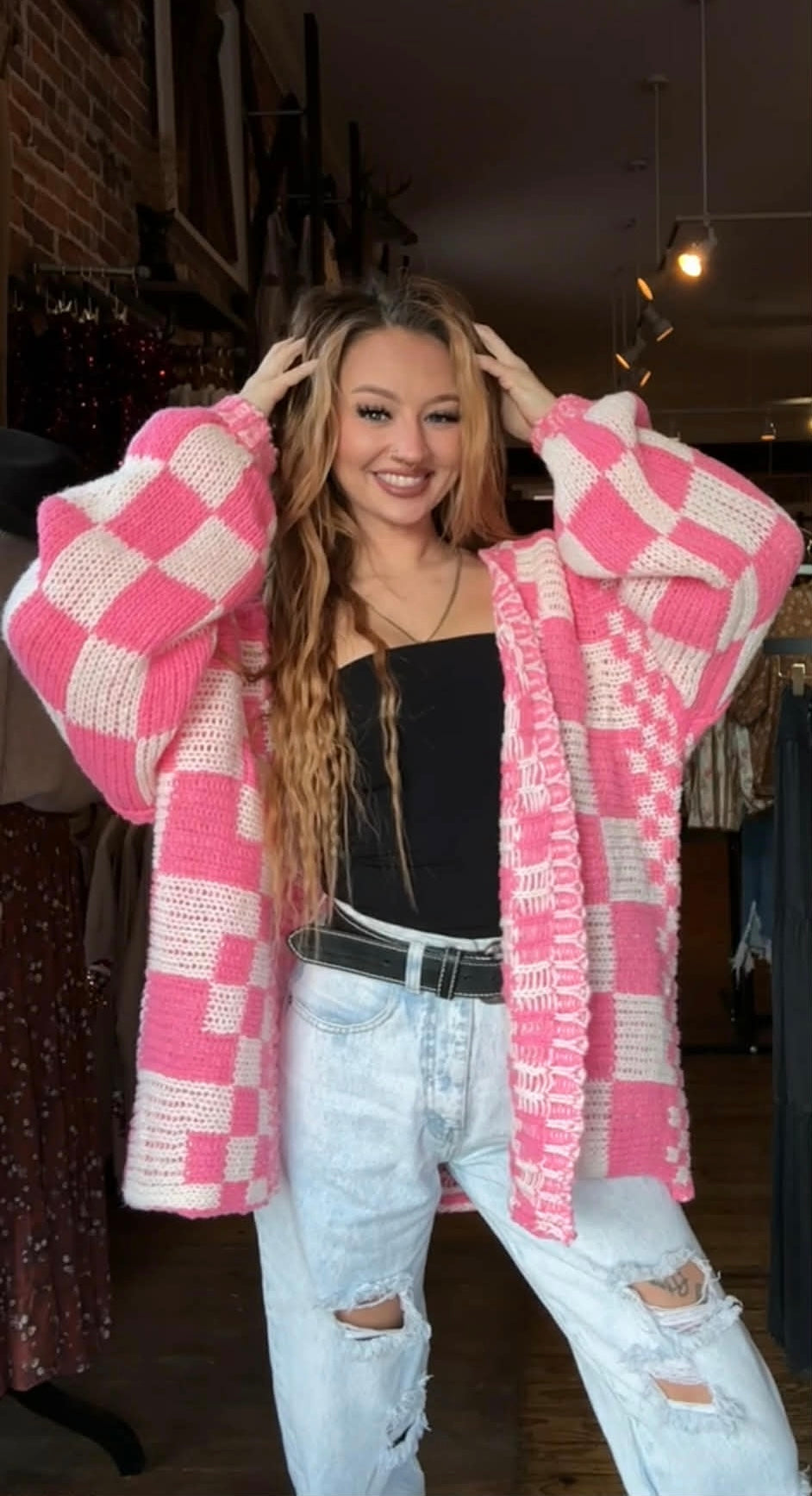 Bubblegum Barn Knit - Pink Checkered Cardigan