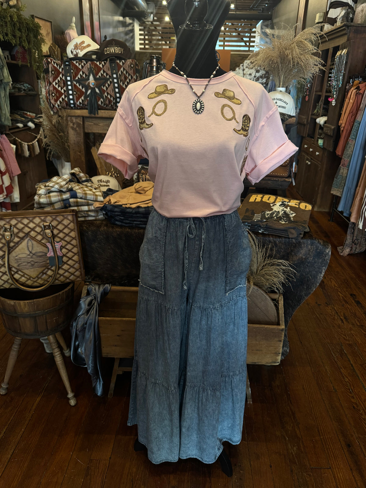 Blue Willow – Denim Wide Leg Tiered Pants