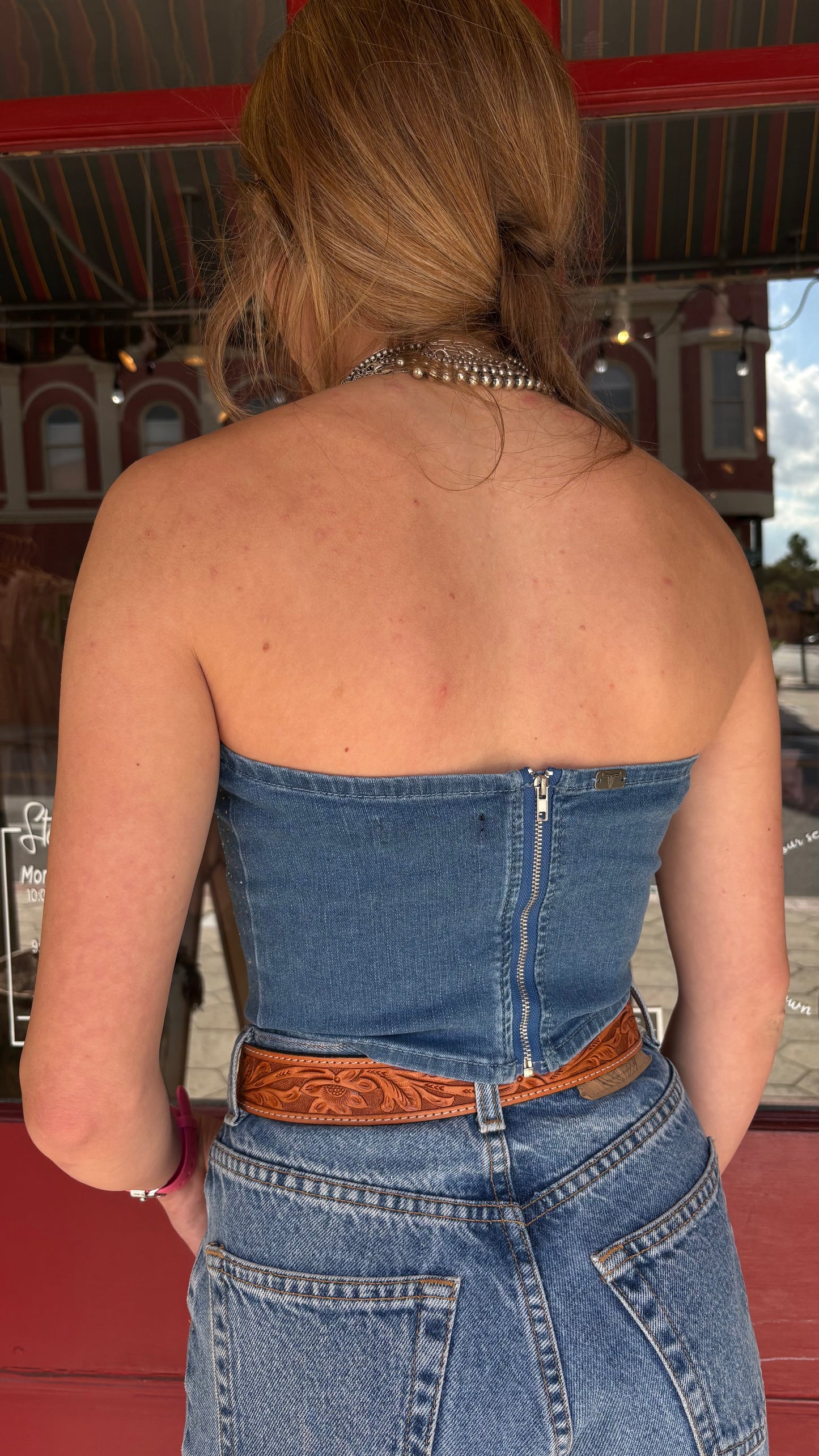 Denim Dazzle – Rhinestone Strapless Top