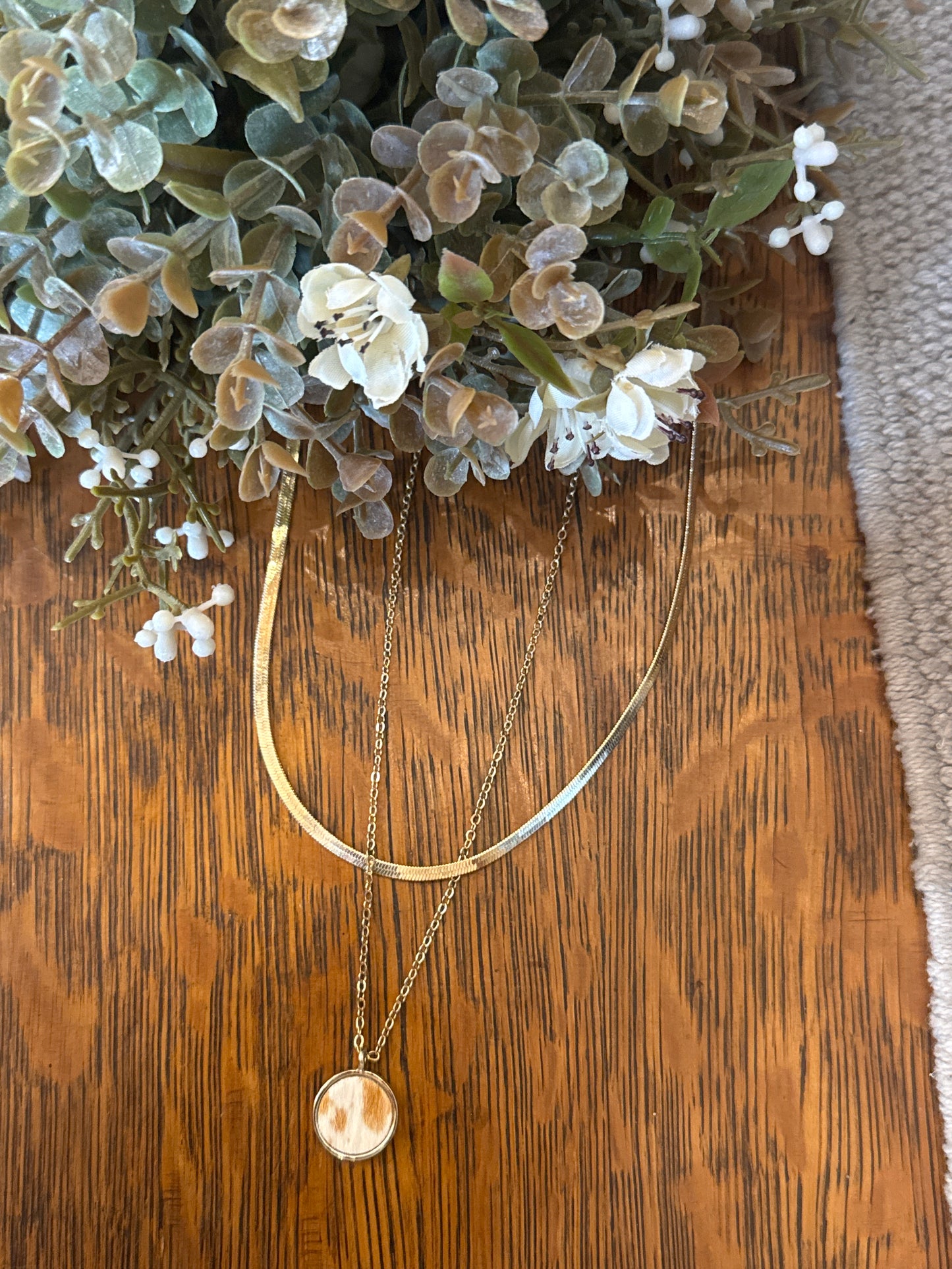 Cowhide Button - Gold Necklace