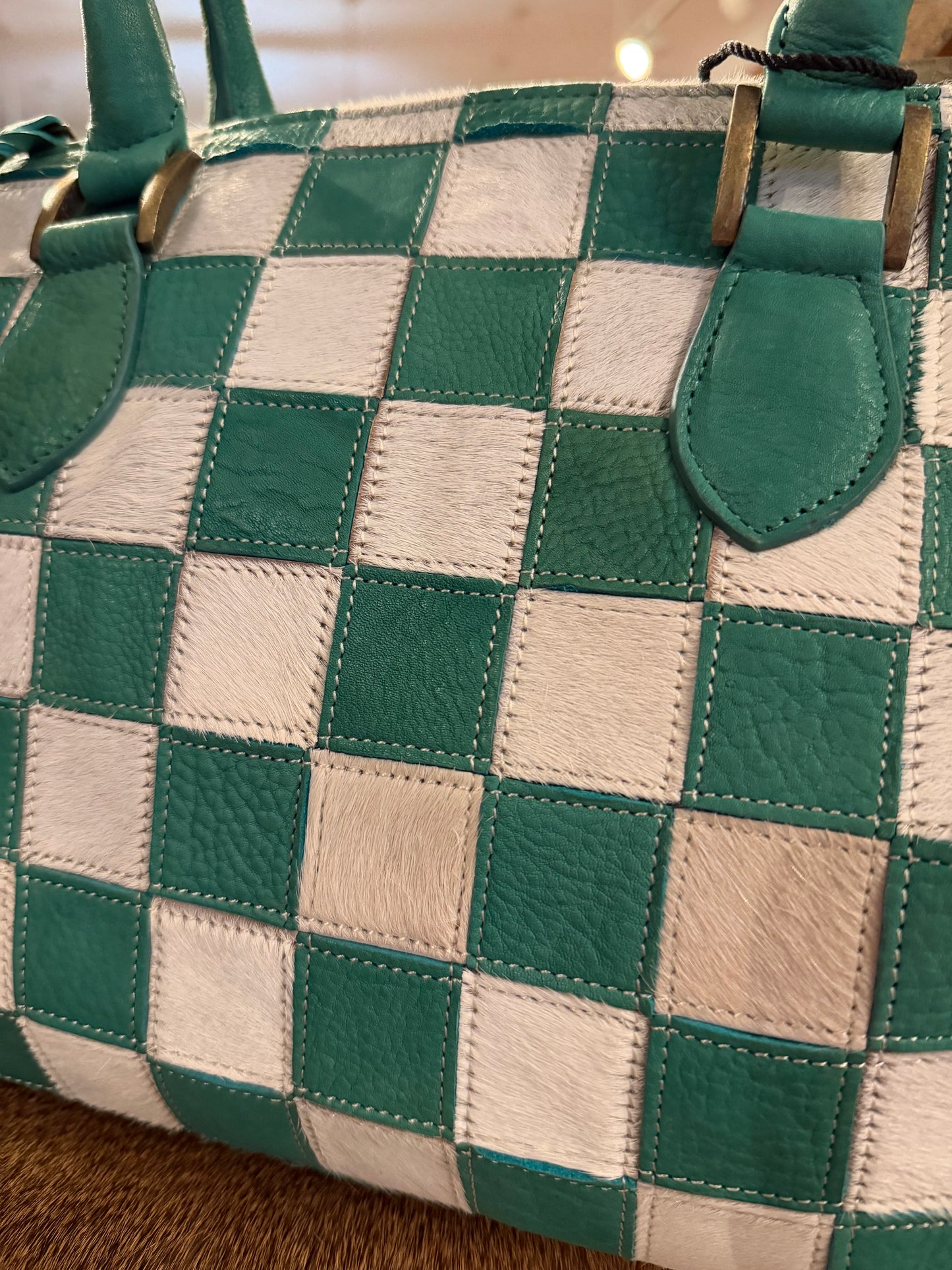 Teal & White Cowhide Leather-Speedy Bag