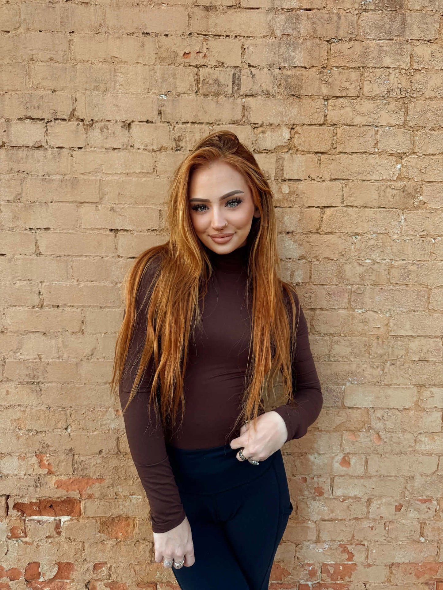 Mock Neck Long Sleeve Bodysuit - Brown *Door Buster*