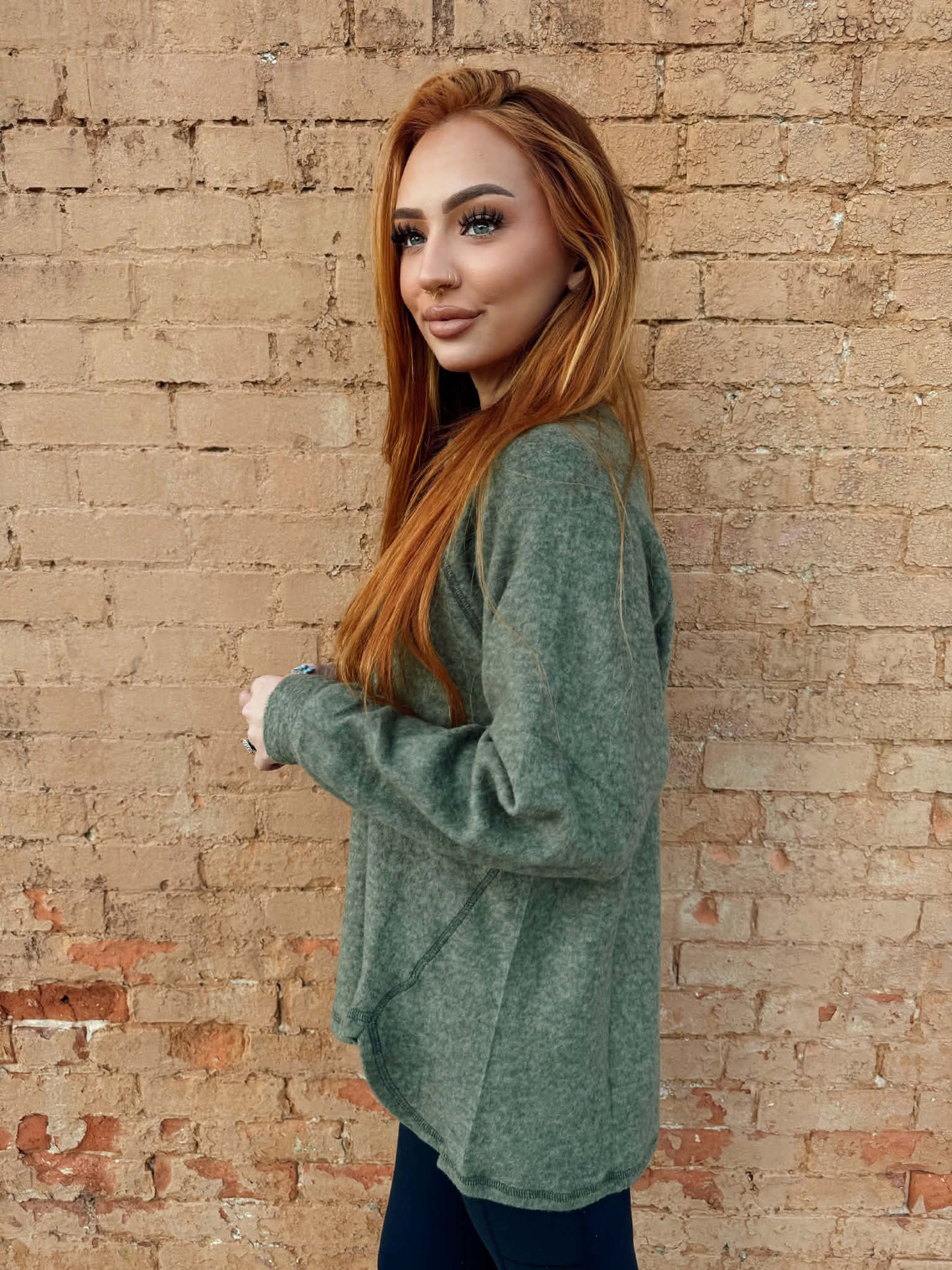 Oversized Henley Sweater - Olive *Door Buster*