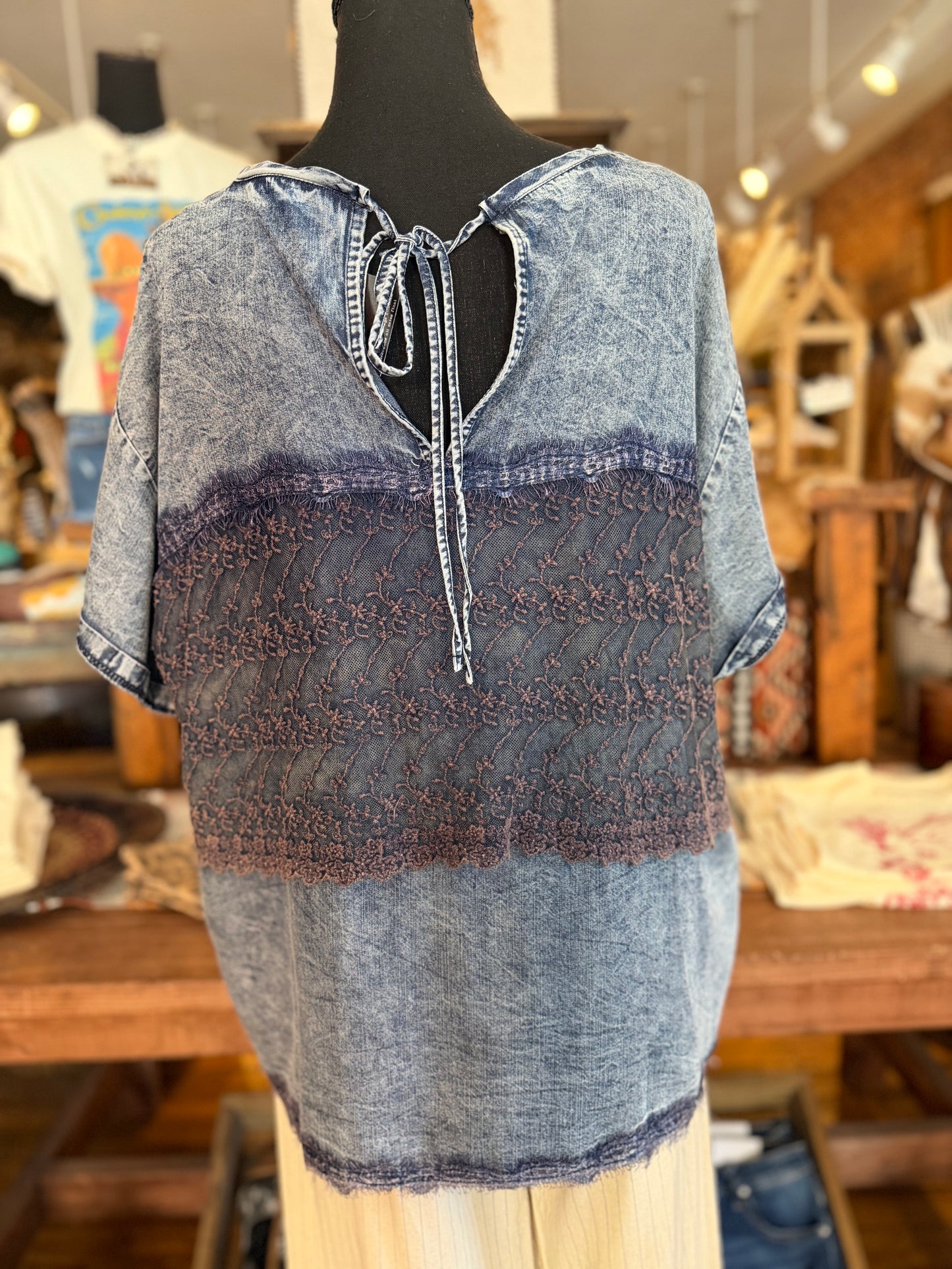 Twilight Romance – Denim Embroidered Lace Top