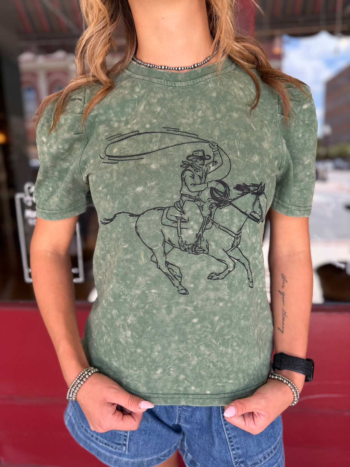 Stitched in the Saddle – Olive Embroidered Top