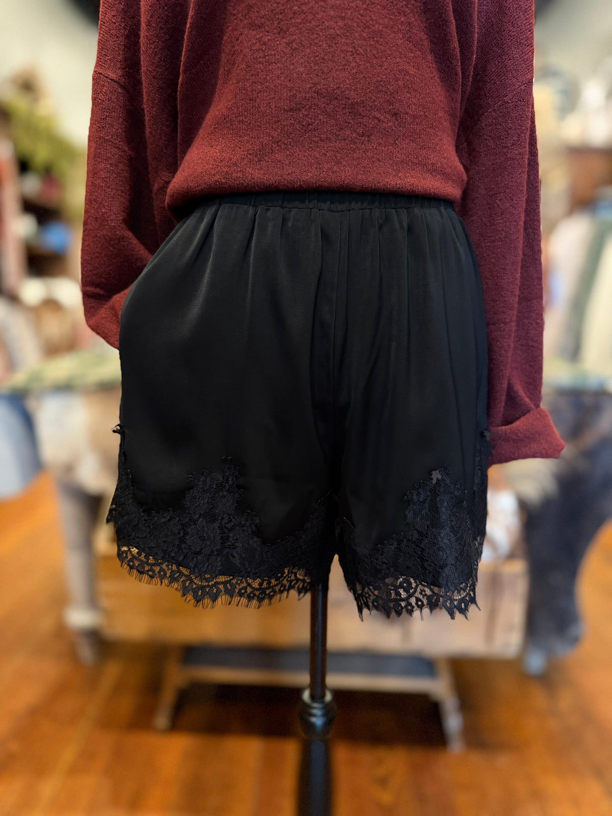 Satin Sweetheart – Black Satin Lace-Trim Shorts