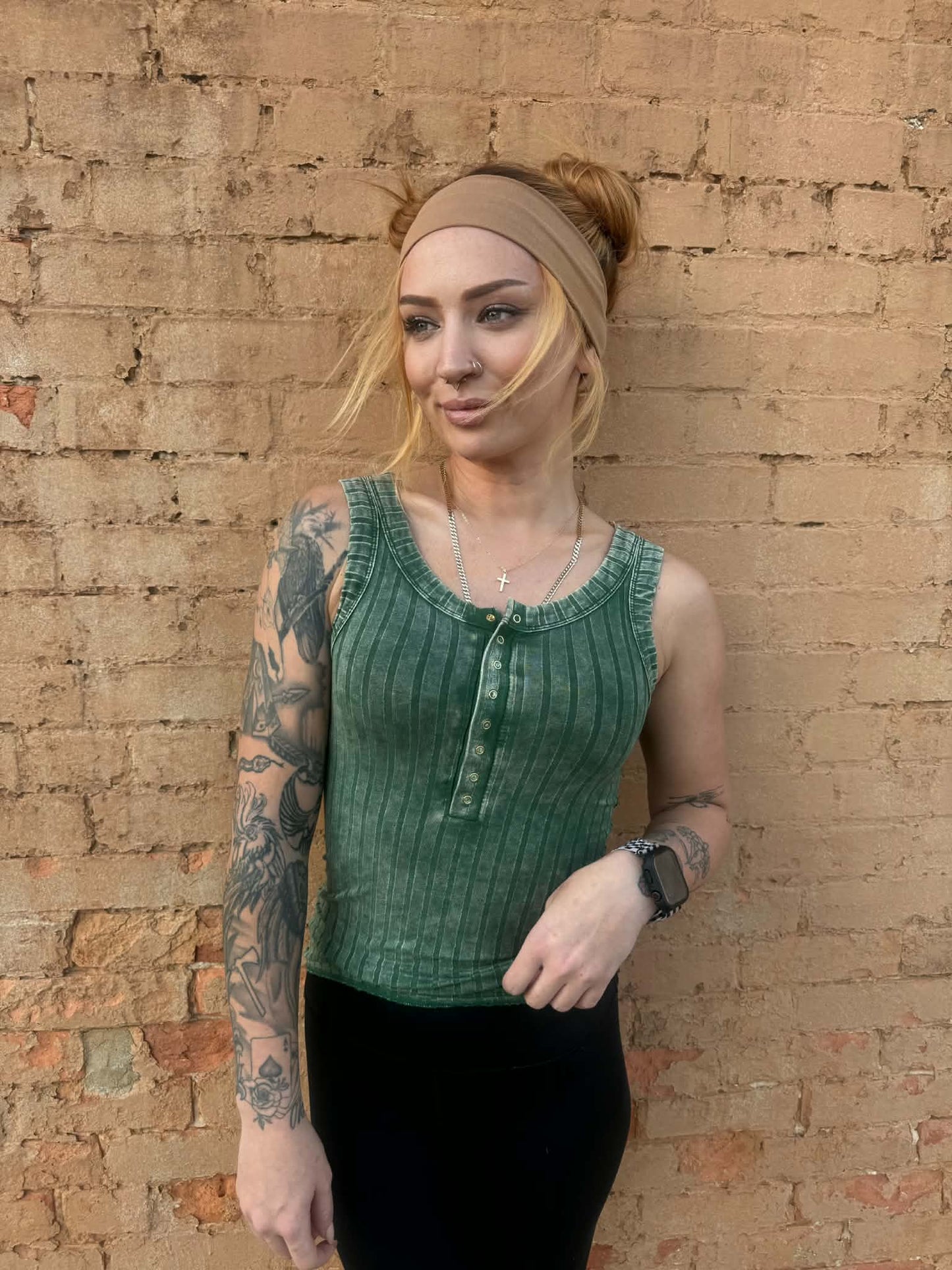 Acid Wash Snap Henley Tank - Green *Door Buster*