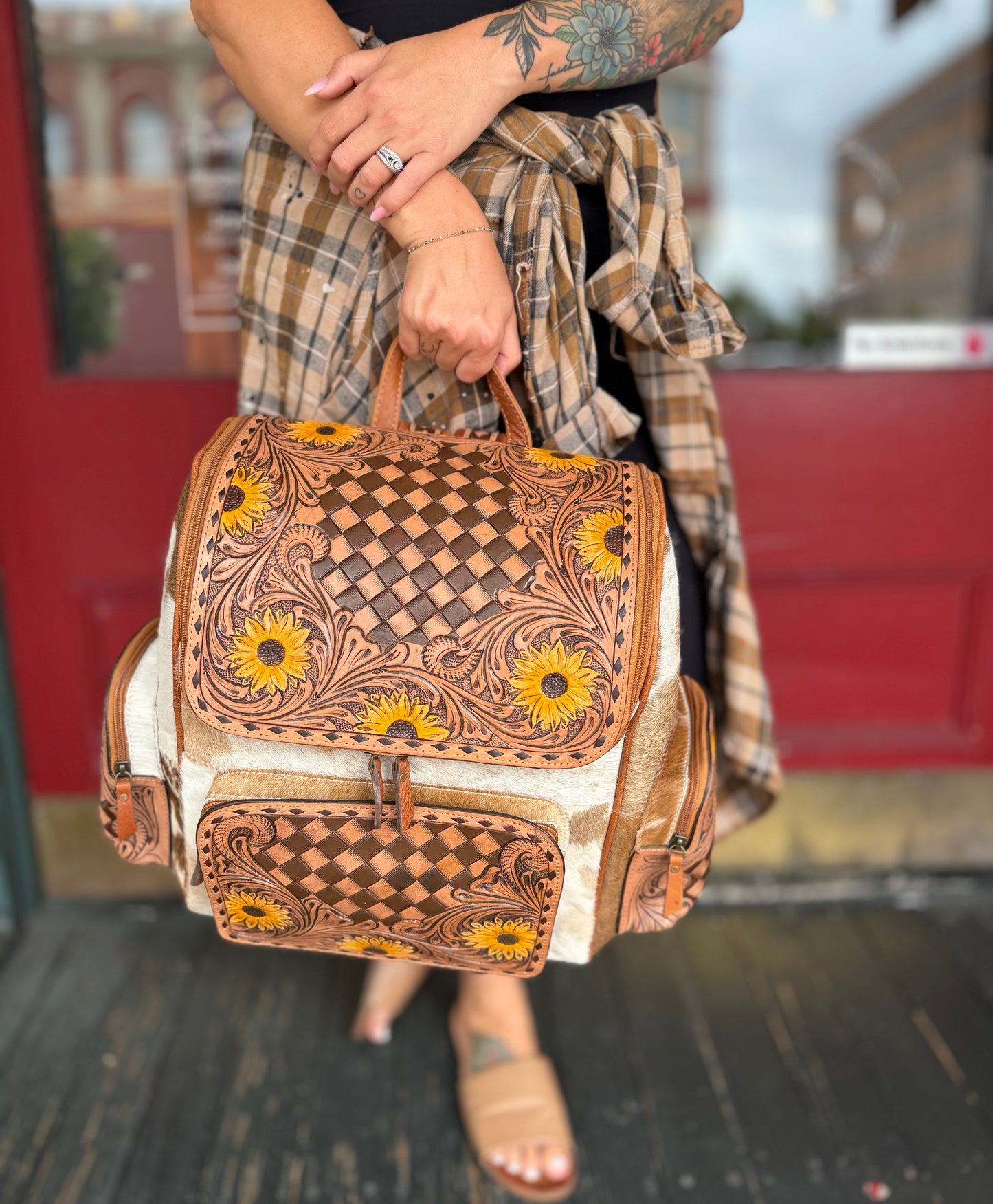 Checkered Sunflower Tooled Cowhide - Backpack