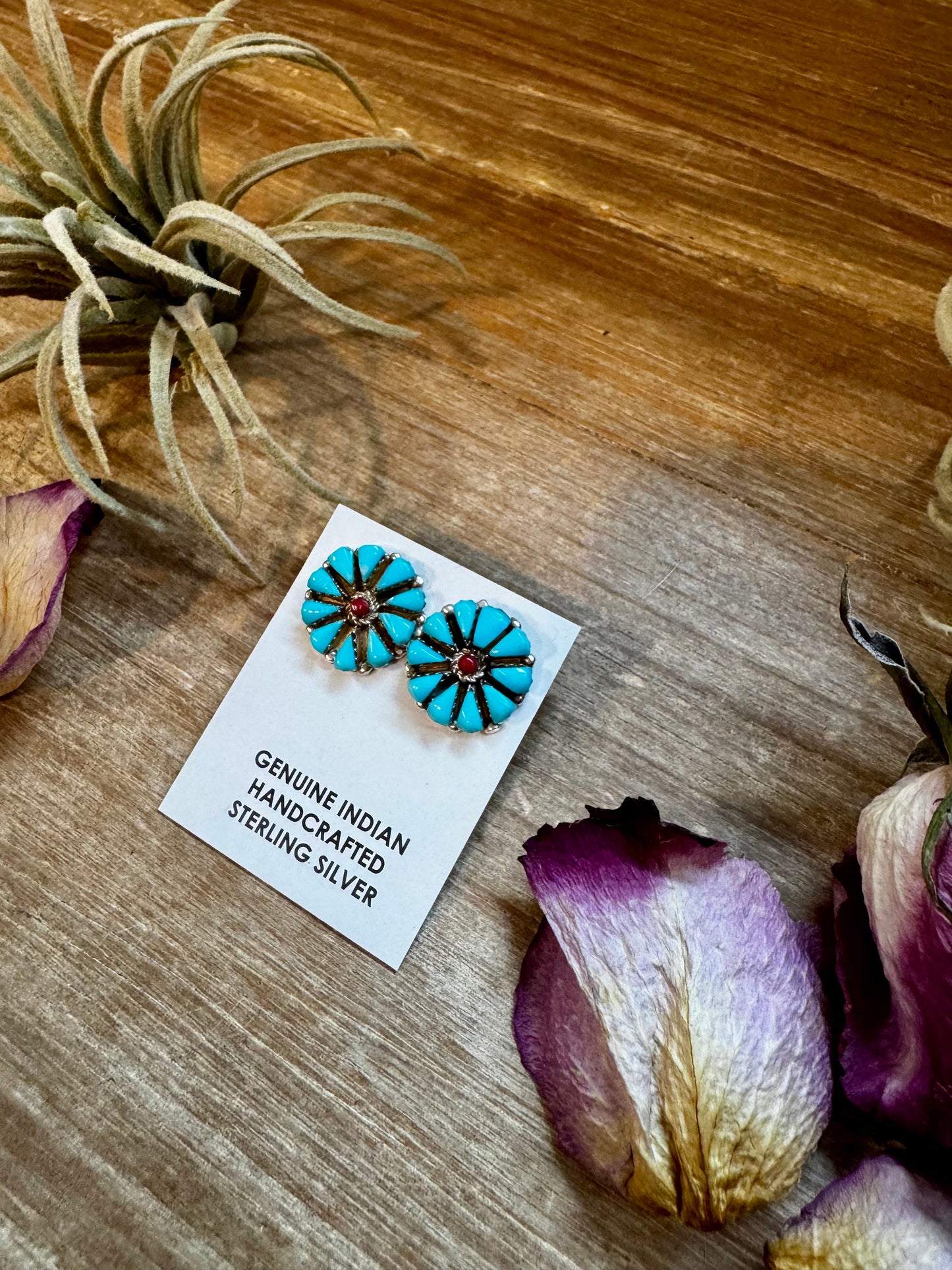 Blue Magnesite Turquoise & Red Cluster Stud Earrings