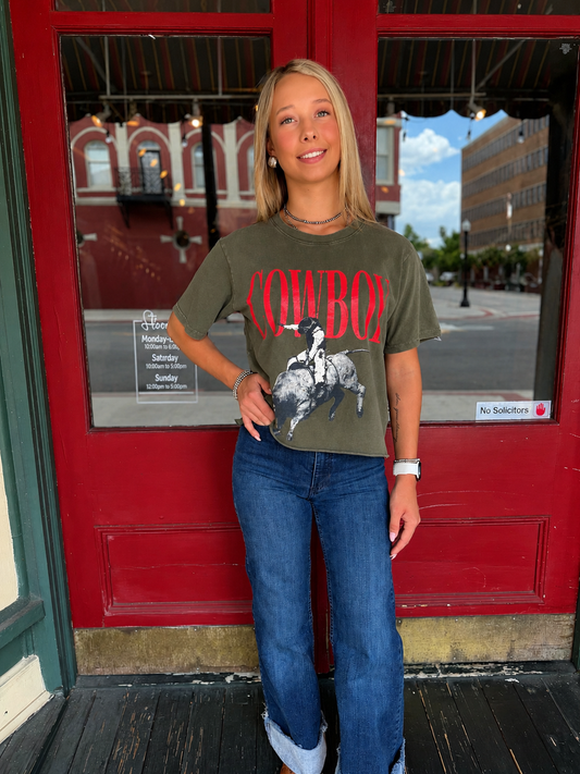 Chasing Buckles – Olive Crop Graphic Tee