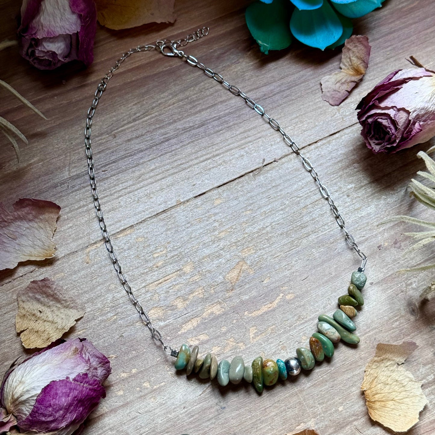 16.5” Green Turquoise Nugget Necklace – Sterling Silver & Paperclip Chain