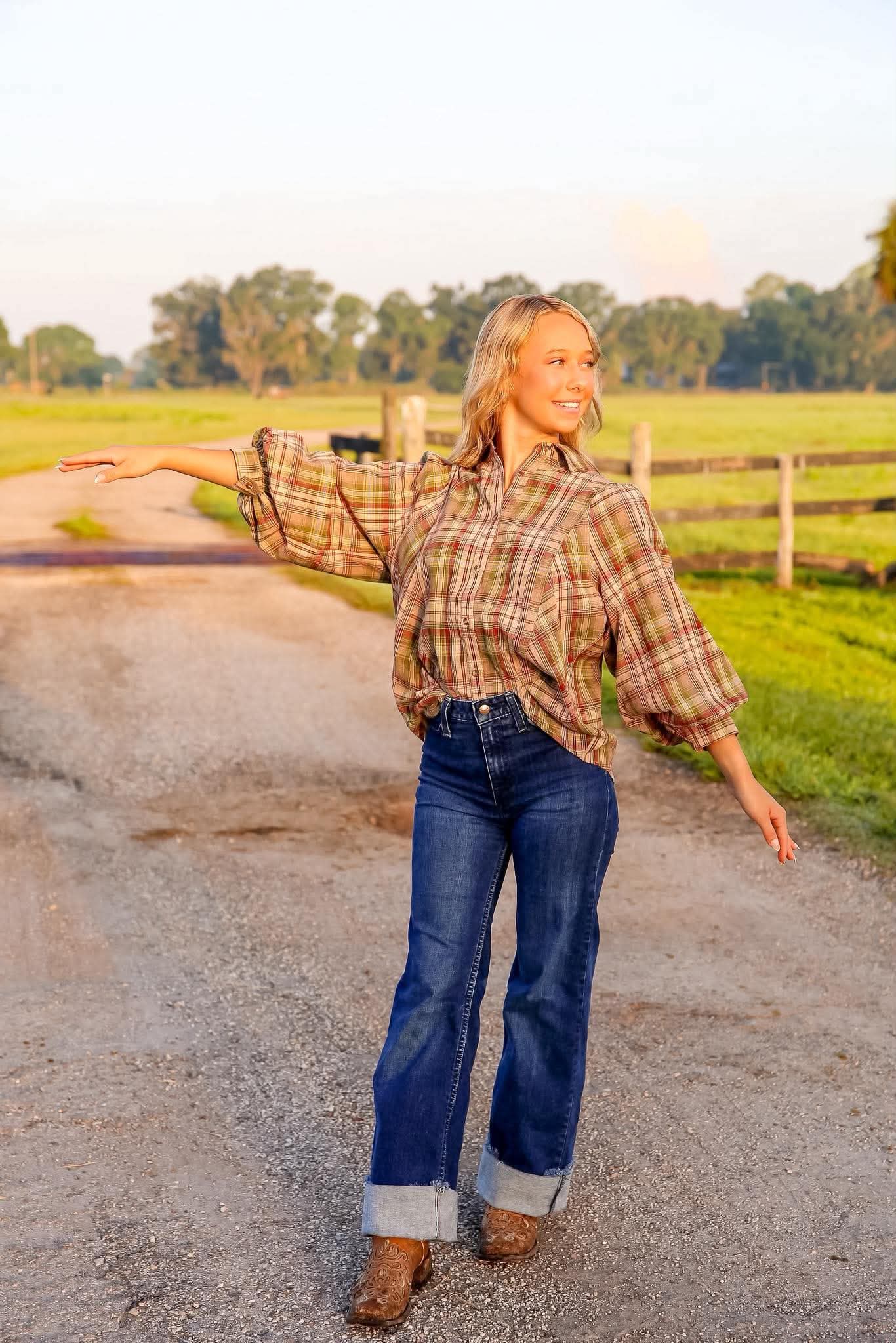 Apple Harvest – Green Puff Sleeve Plaid Top