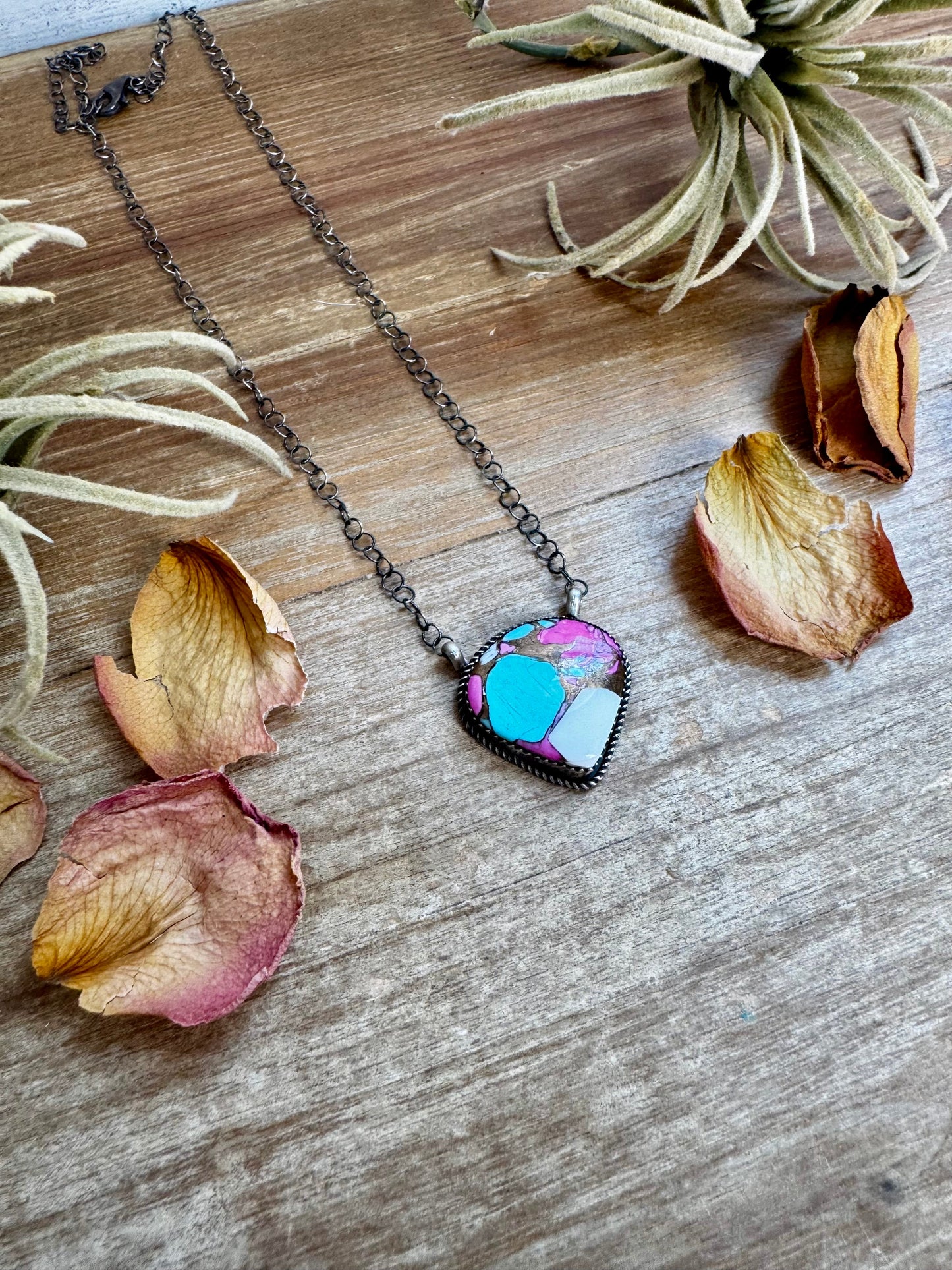 Cotton Candy Turquoise Bar Necklace – Freeform Shape – 18" Sterling Chain – Tia Long, Navajo Handmade