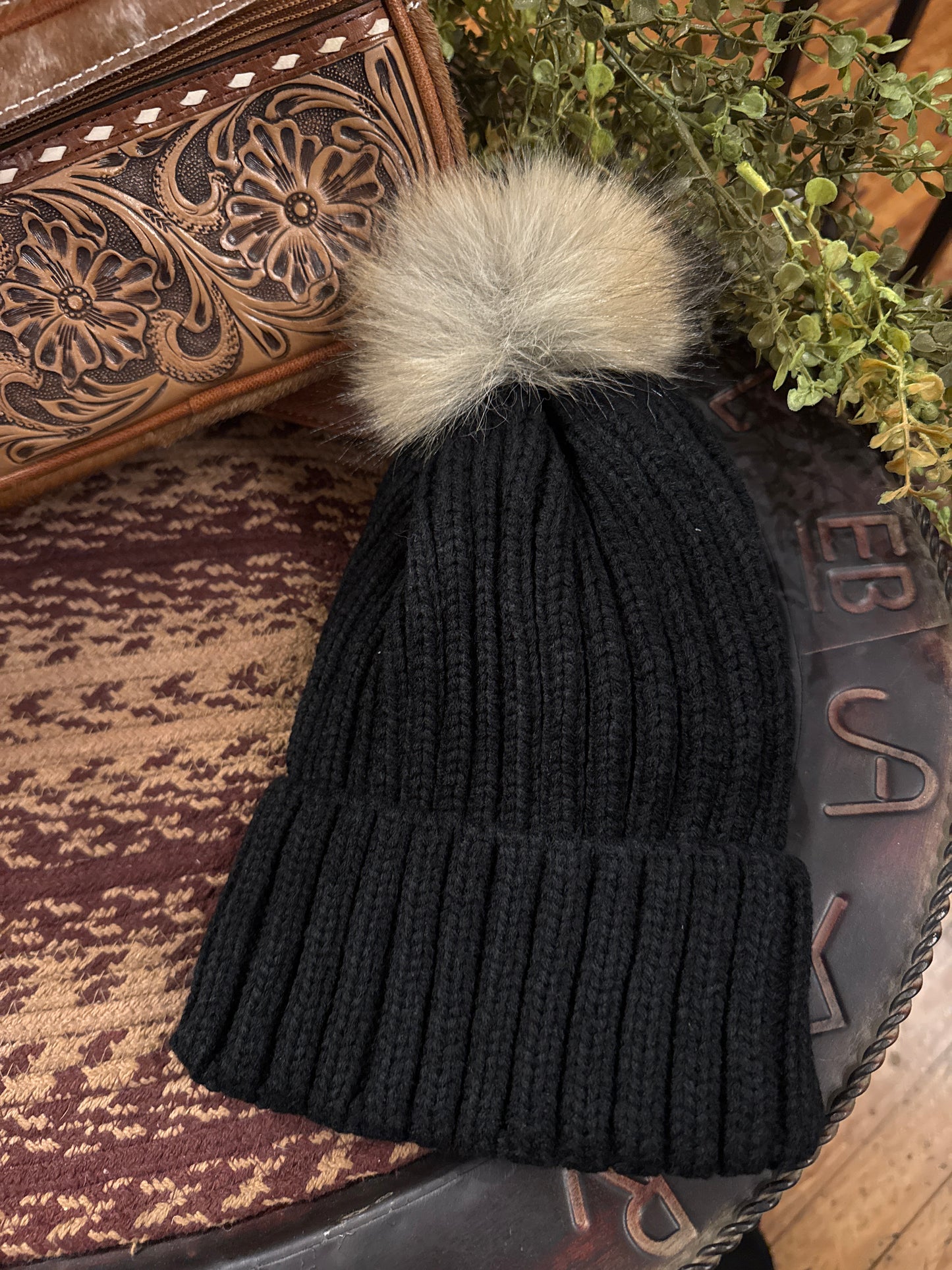 Ribbed Knitted Pom Pom Beanie -Black *Door Buster*