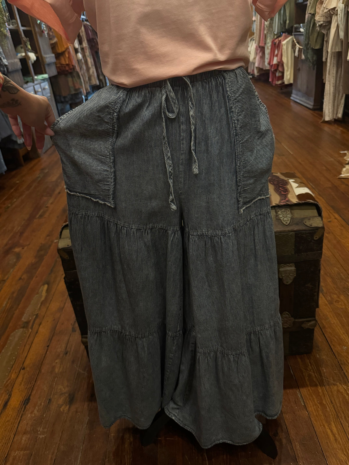 Blue Willow – Denim Wide Leg Tiered Pants