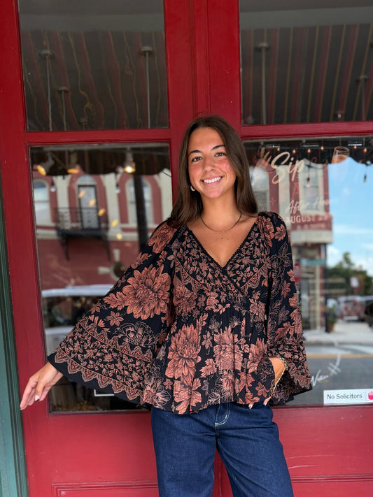 Cinnamon Flora – Bell Sleeve Top