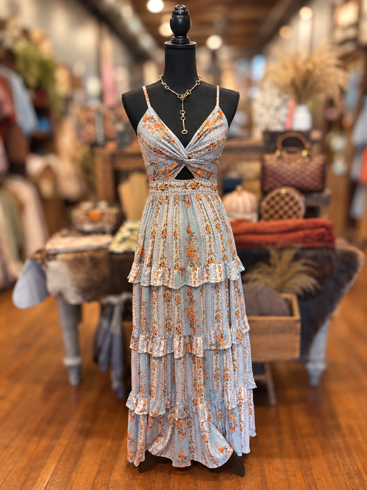 Vintage Rosalie – Dusty Blue Ruffle Maxi Dress