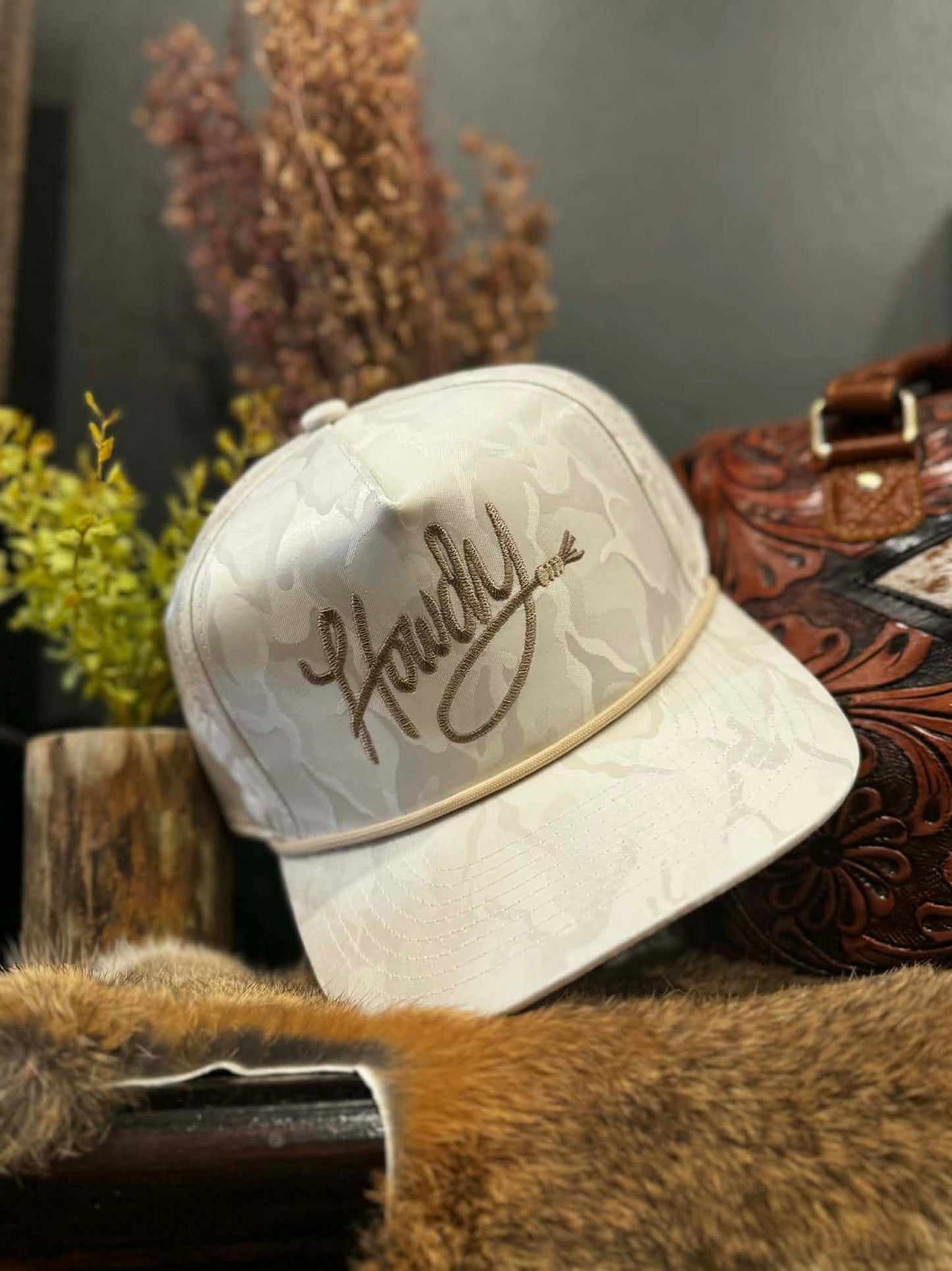 Tan Howdy Rope - Snow Camo Trucker Hat