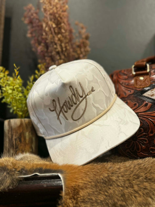 Tan Howdy Rope - Snow Camo Trucker Hat