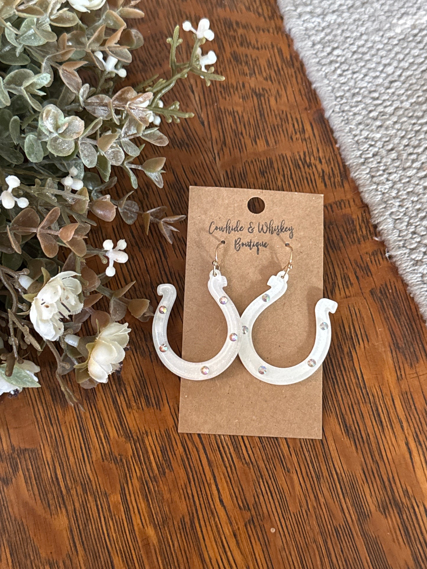 Glitter Horseshoe - White Earrings