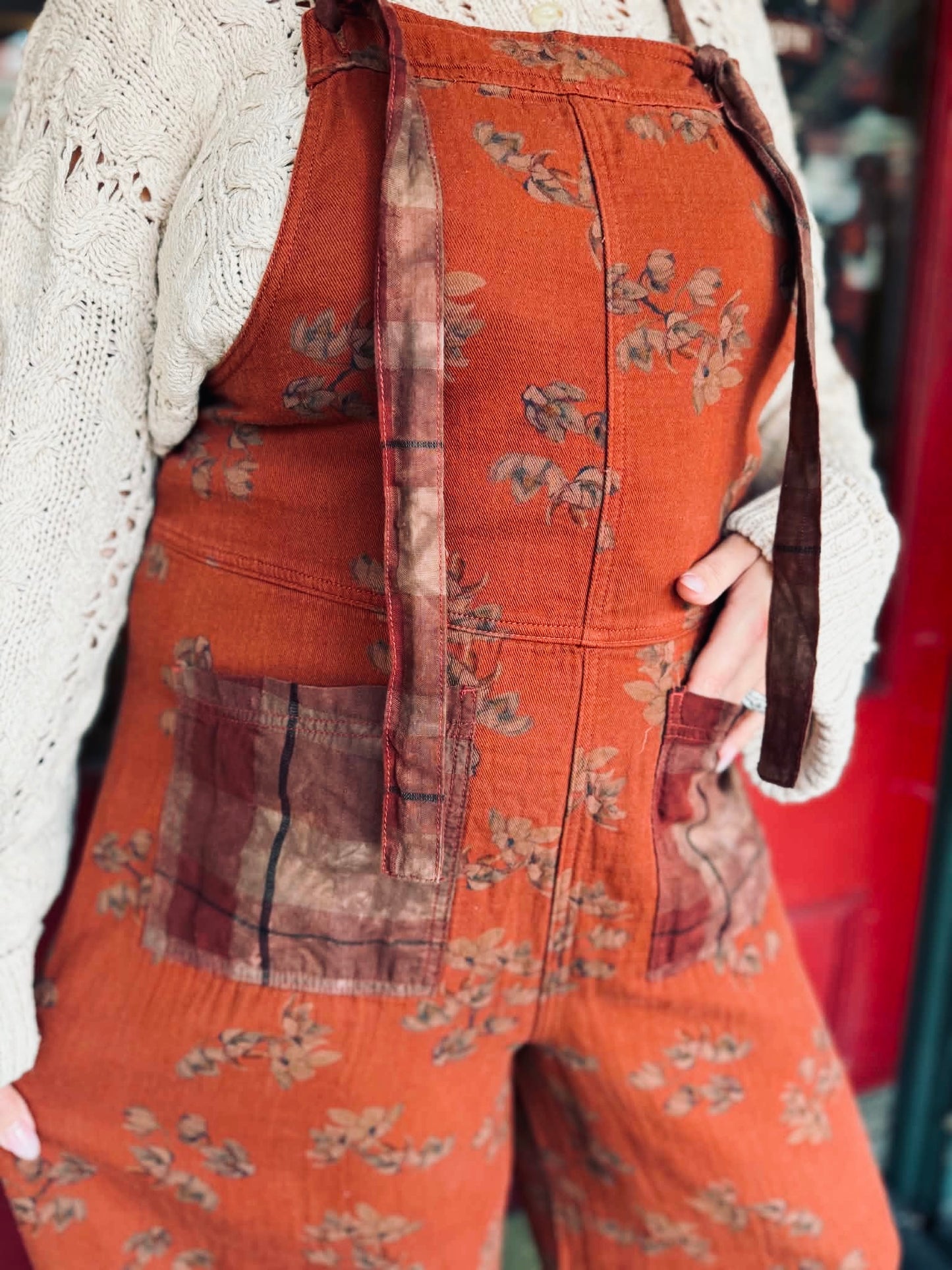 Harvest Bloom – Plaid Patch Rust Overalls