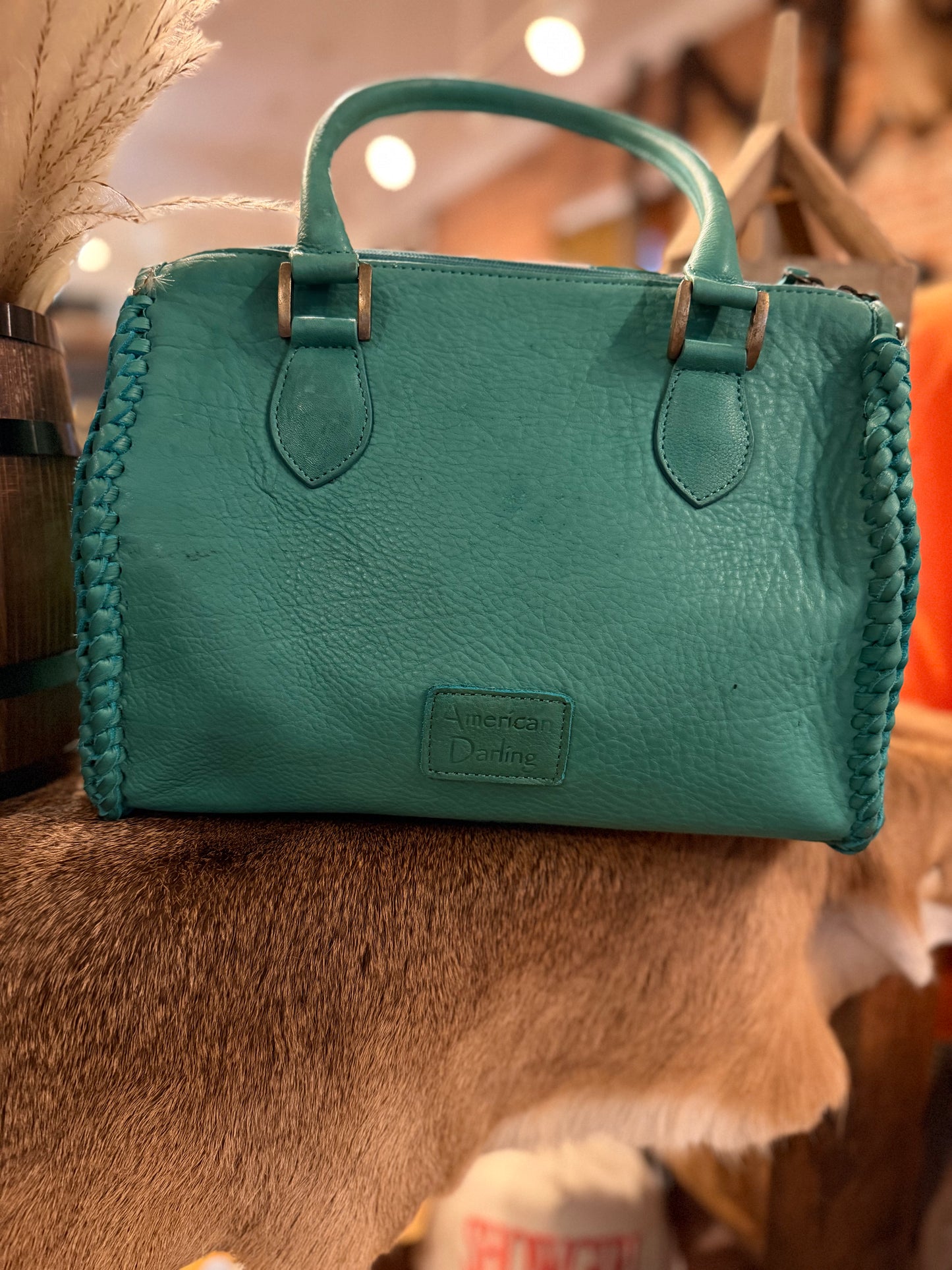 Teal & White Cowhide Leather-Speedy Bag