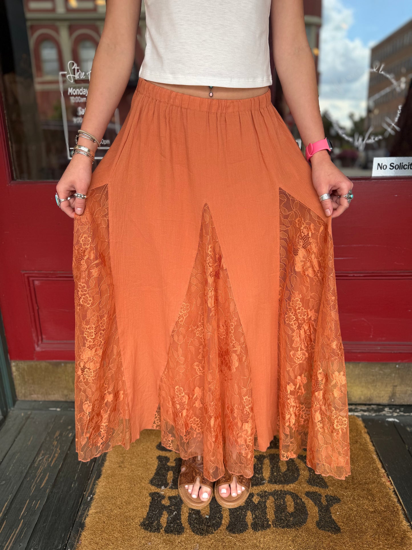 Spiced Lace – Rust Midi Skirt