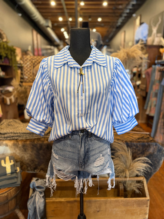 Bluebird Lane – Blue Stripe Puff Sleeve Blouse