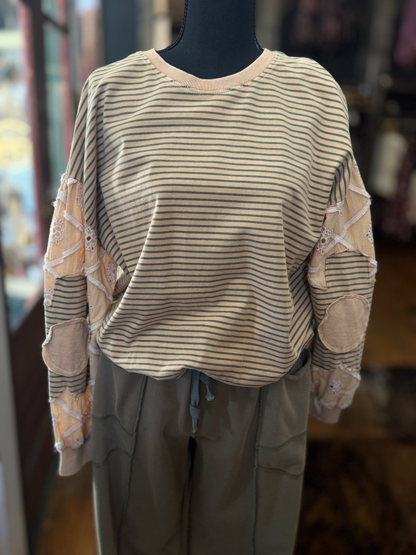 Falling for You – Almond Lace Stripe Pullover