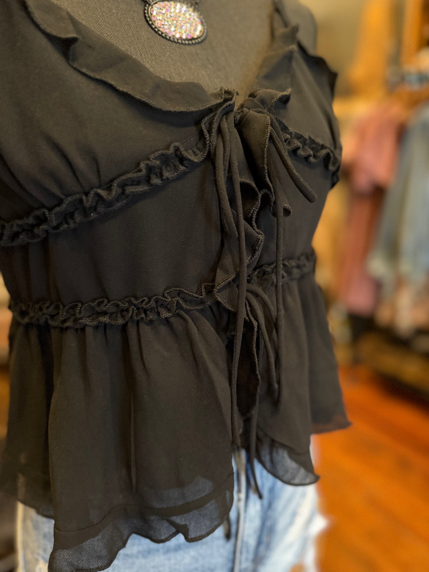 Midnight Tie – Black Ruffle Tank