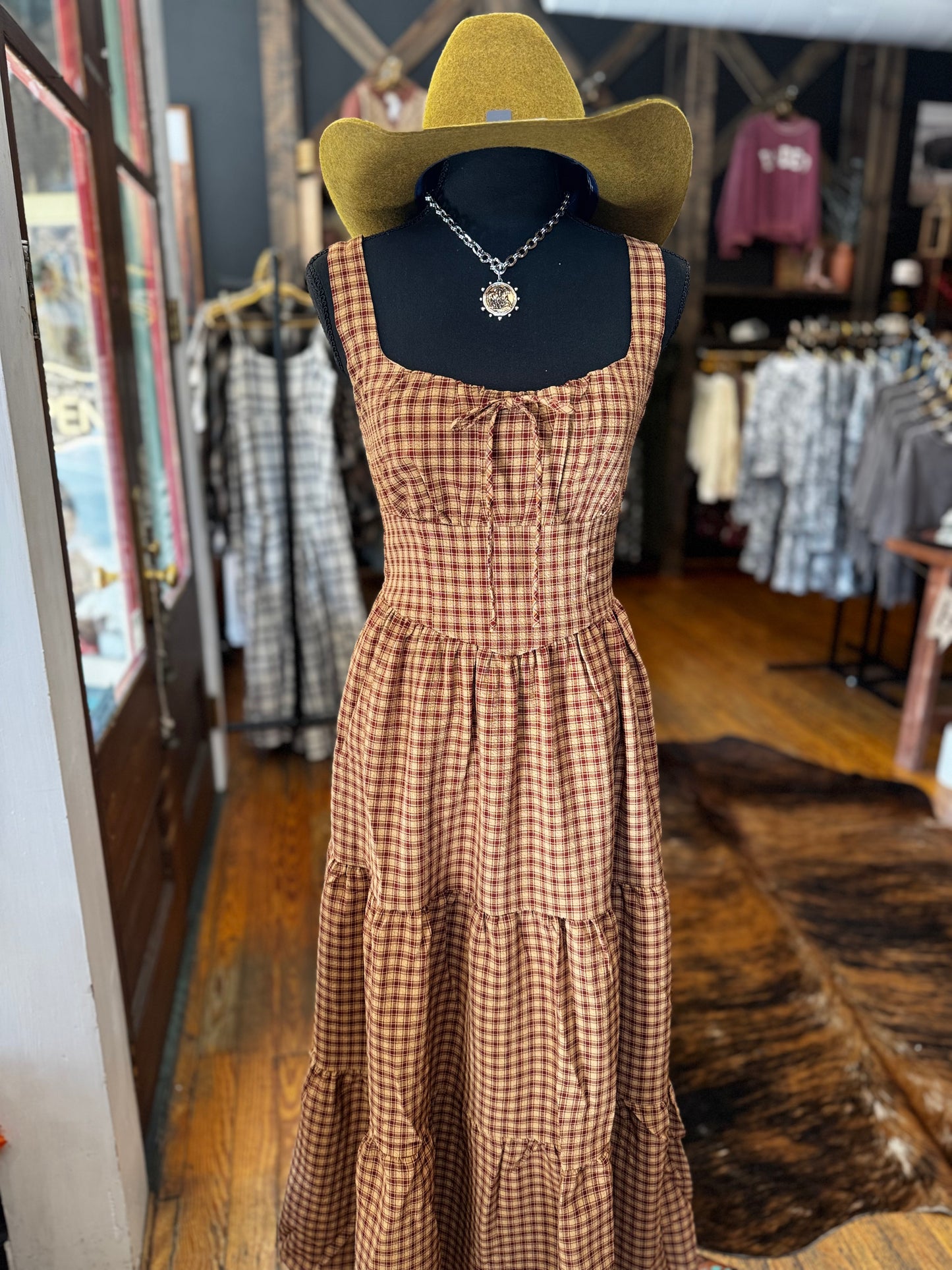 Primitive Charm – Camel/Red Midi Dress
