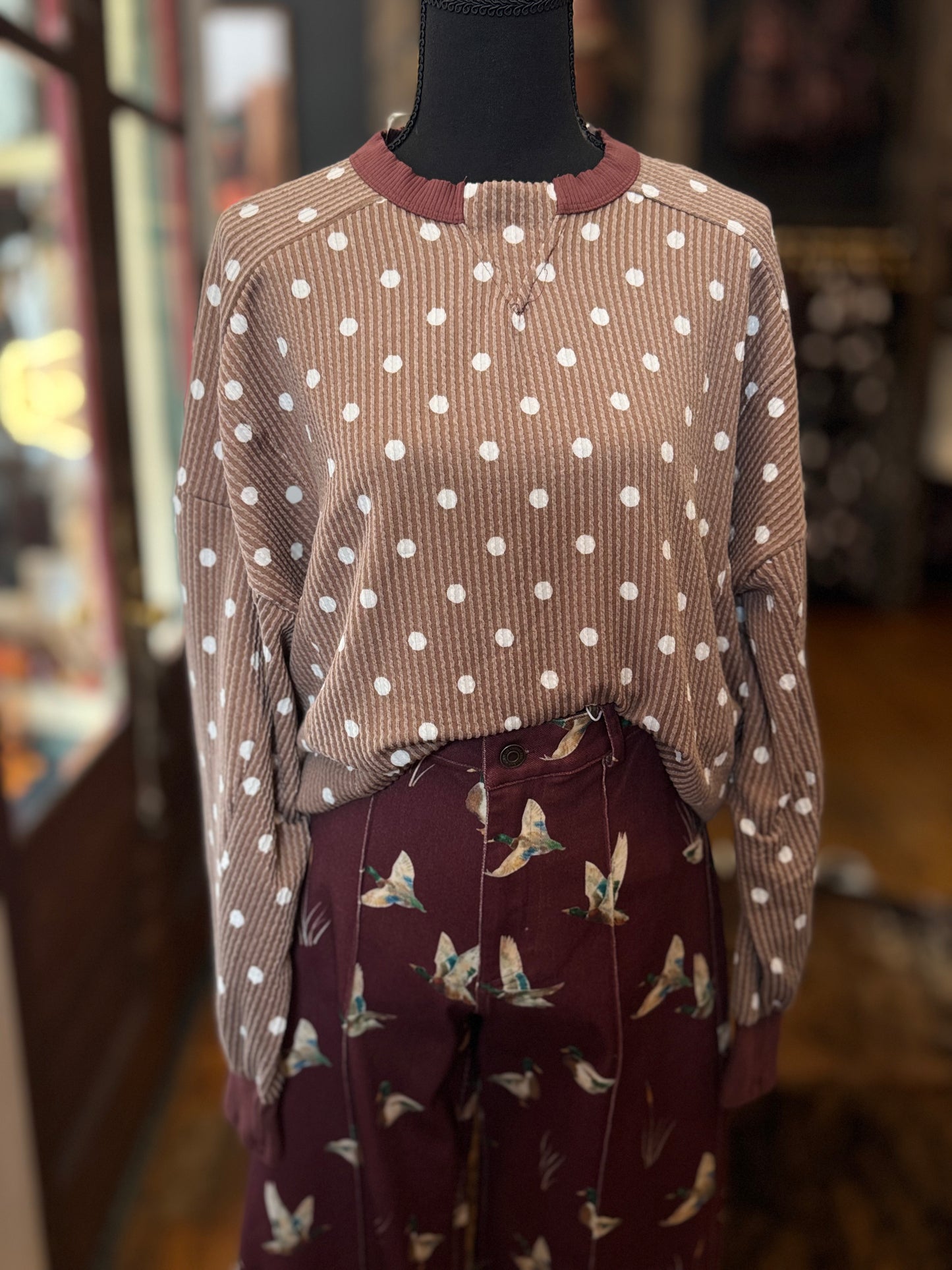 Mahogany Muse – Brown Polka Dot Rib Top